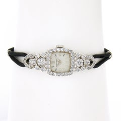 Vintage Movado Platinum 1.5ctw Diamond Fancy Dress Wrist Watch Black Cord Strap