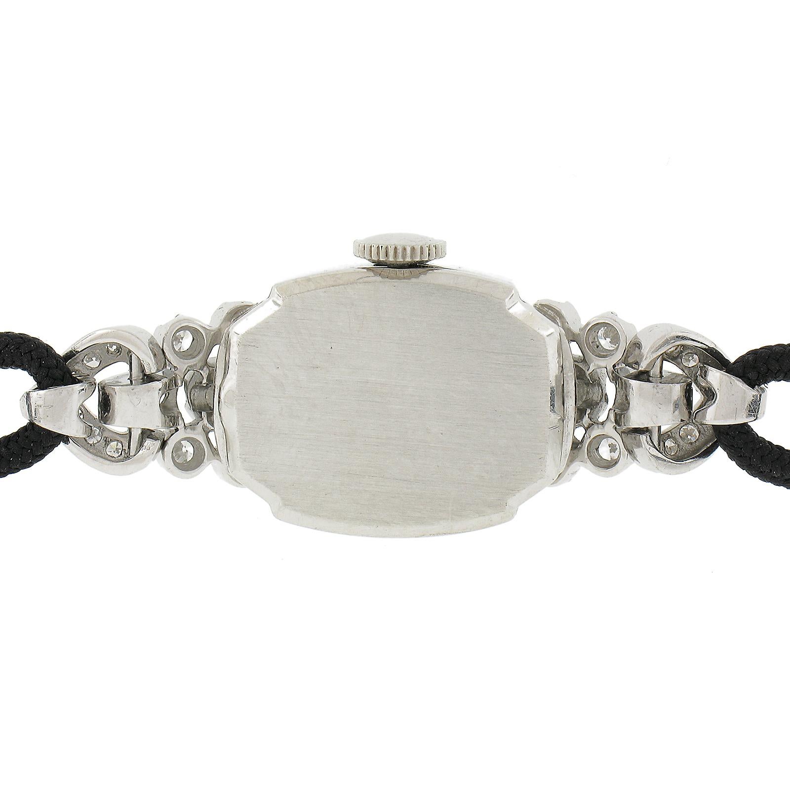 Art Deco Vintage Movado Platinum 1.5ctw Diamond Fancy Dress Wrist Watch Black Cord Strap For Sale
