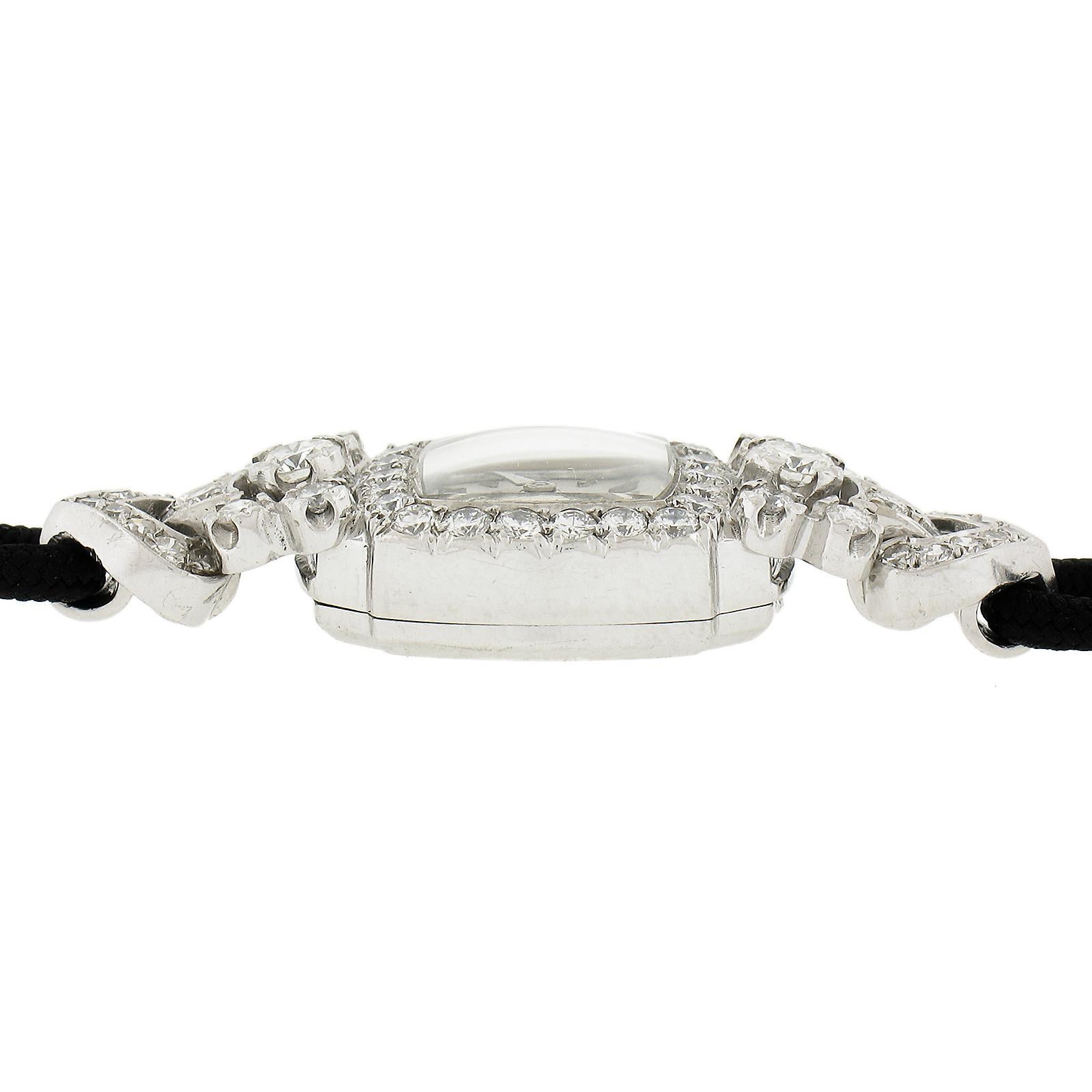 Women's Vintage Movado Platinum 1.5ctw Diamond Fancy Dress Wrist Watch Black Cord Strap For Sale