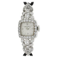Vintage Movado Platinum 1.5ctw Diamond Fancy Dress Wrist Watch Black Cord Strap Vintage Movado Platinum 1.5ctw Diamond Fancy Dress Wrist Watch Black Cord Strap
