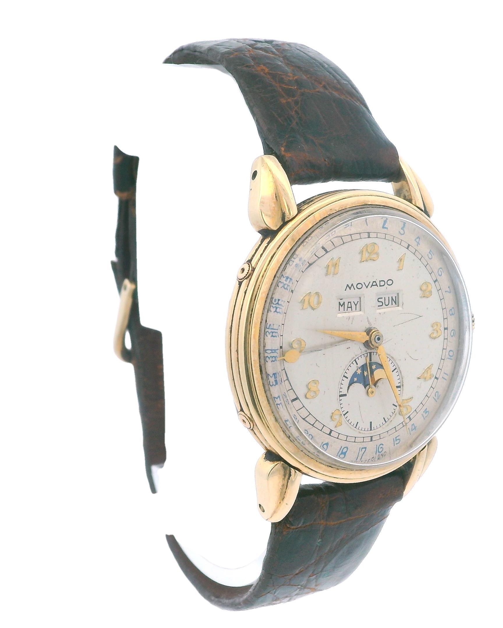 Vintage Movado Triple Fecha Fases de la Luna 14K Oro Amarillo en Bueno estado para la venta en Great Neck Plaza, NY