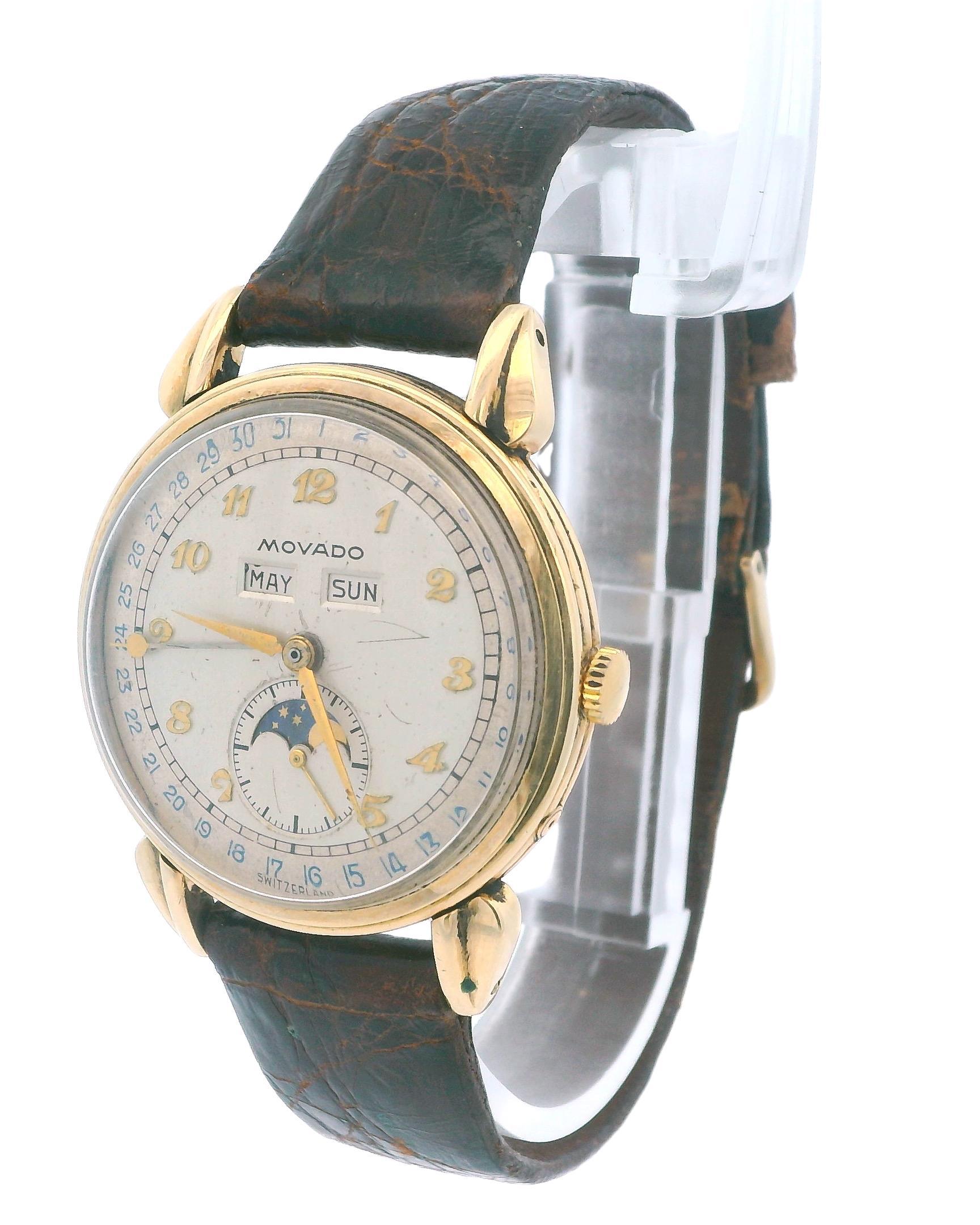 Femenino o masculino Vintage Movado Triple Fecha Fases de la Luna 14K Oro Amarillo en venta