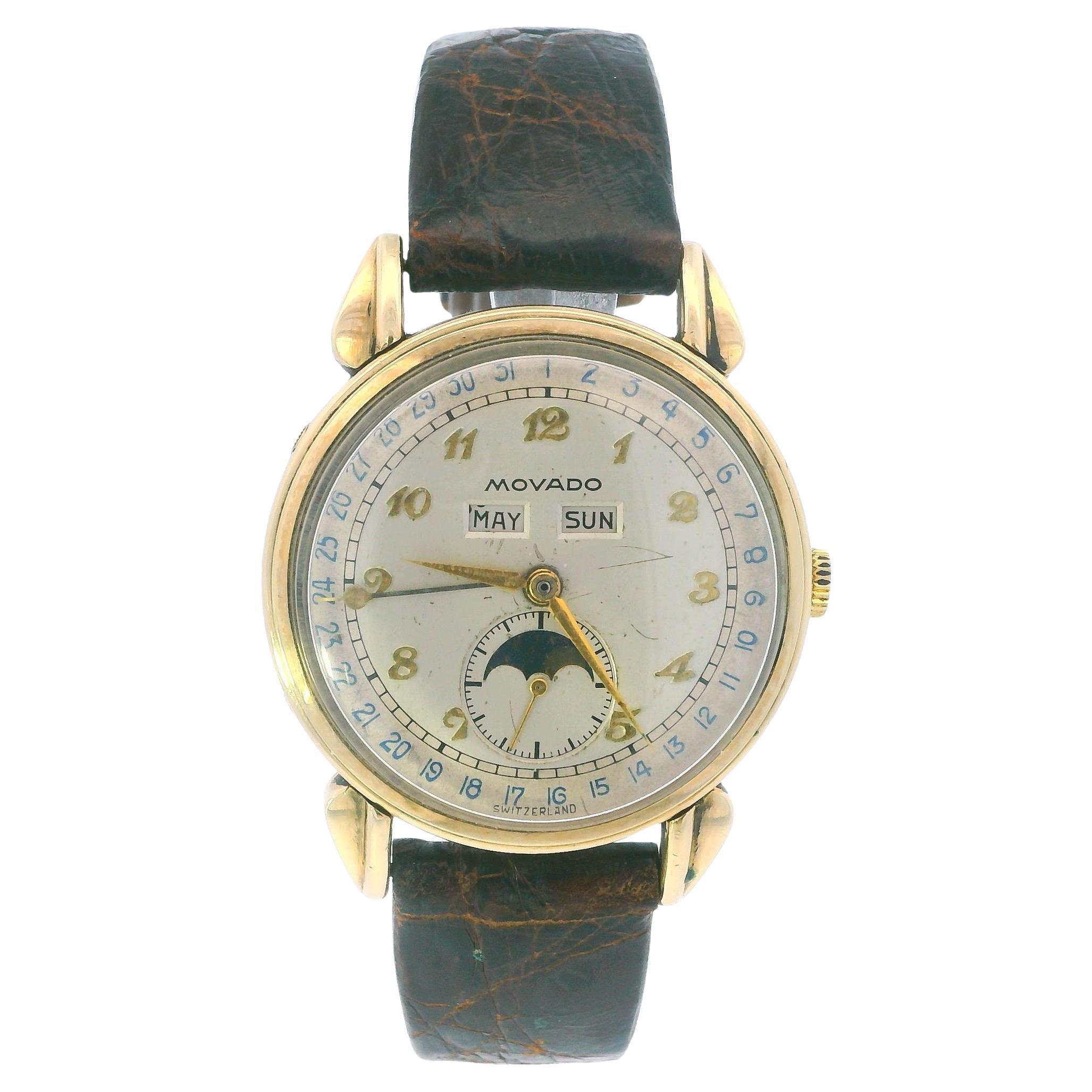 Vintage Movado Triple Fecha Fases de la Luna 14K Oro Amarillo