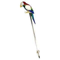 Vintage moveable parrot brooch with enamelling set with oval cultured pearl