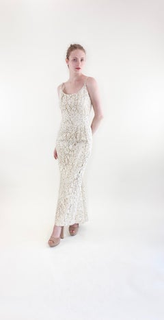 Vintage Mr. Blackwell 1960's White Lace with Lamé & Rhinestone Gown