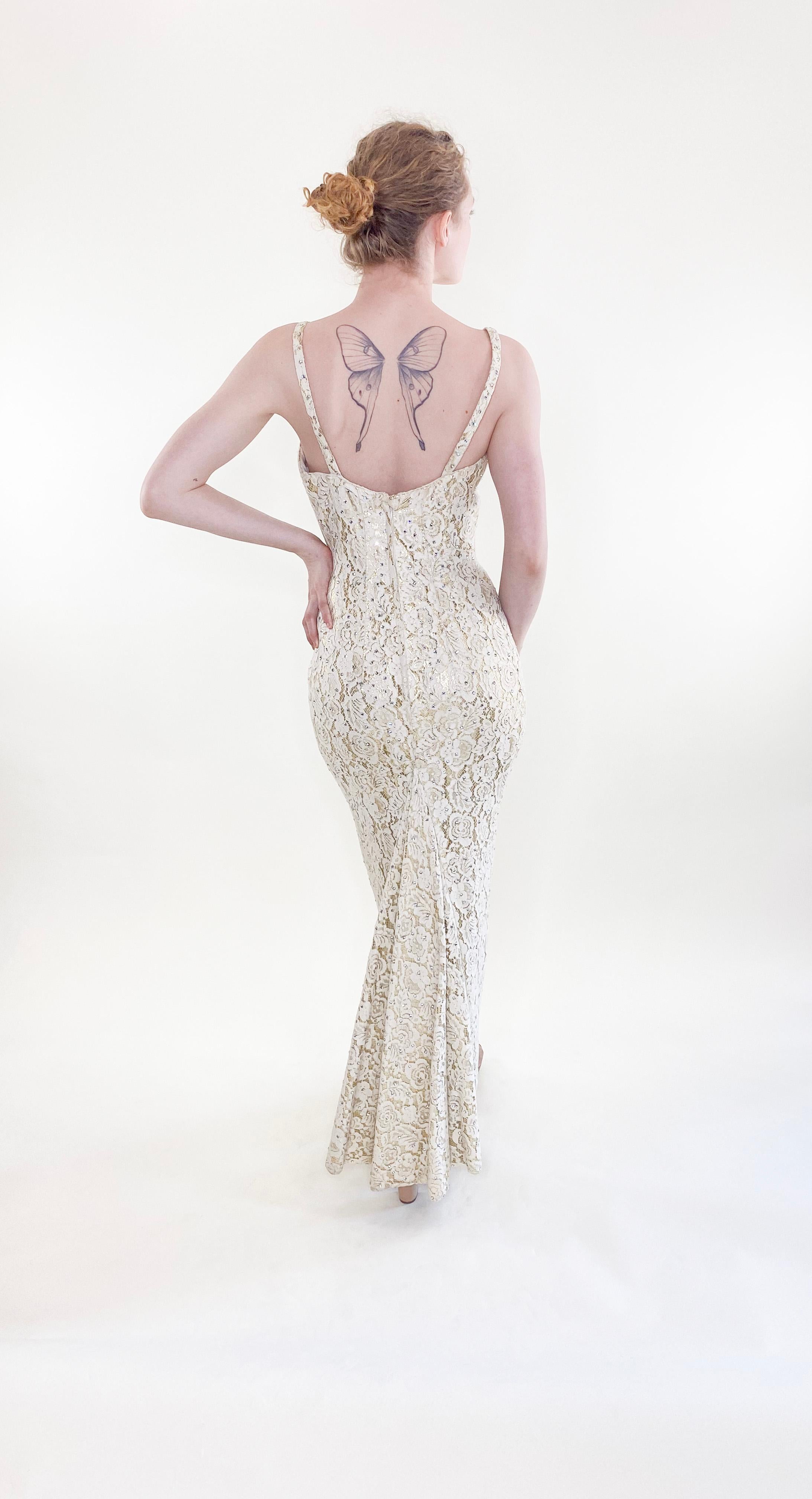 Women's Vintage Mr. Blackwell 1960's White Lace with Lamé & Rhinestone Gown