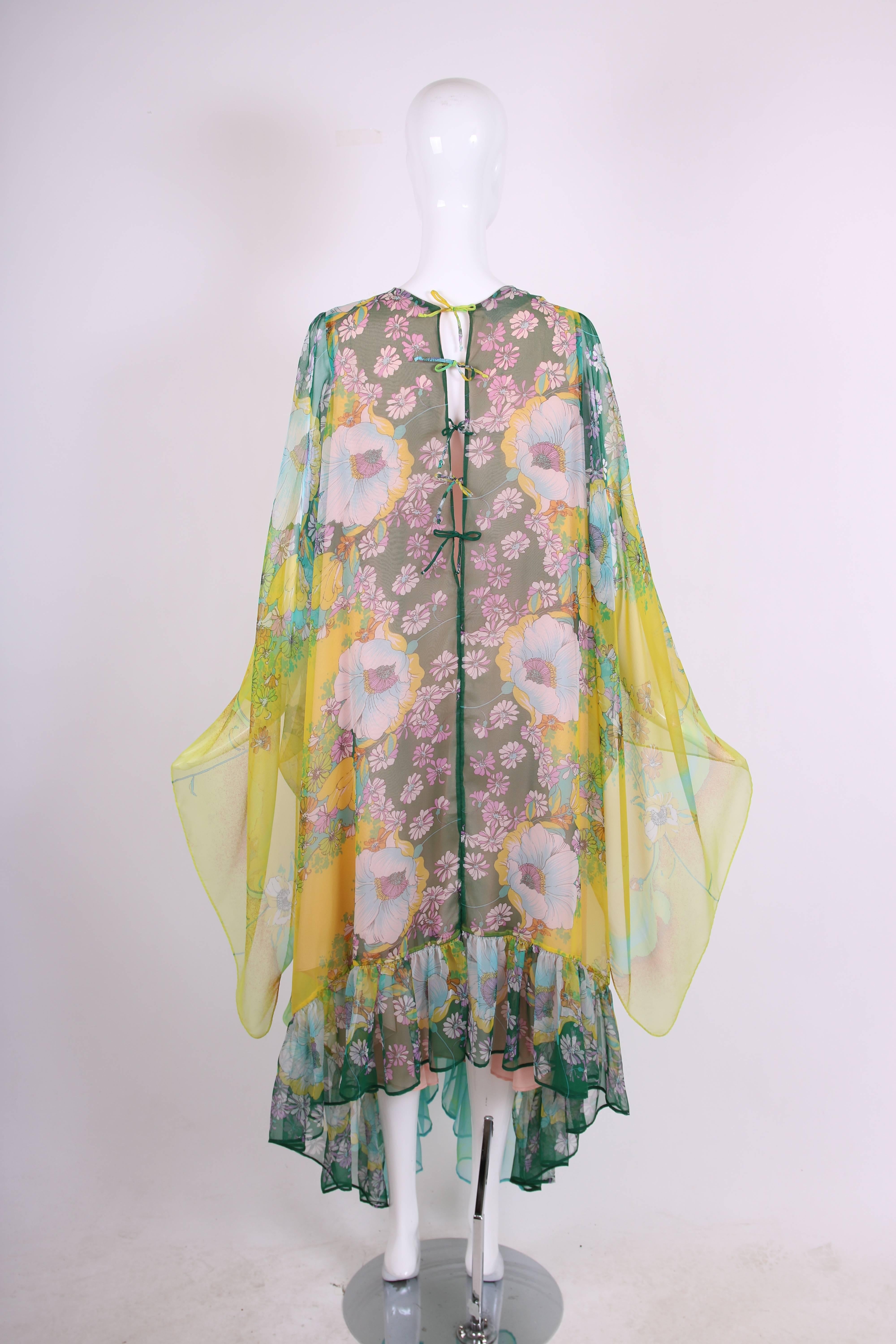 Vintage Mr. Blackwell Yellow & Blue Layered Printed Caftan W/Ties & Ruffle Hem In Excellent Condition In Studio City, CA