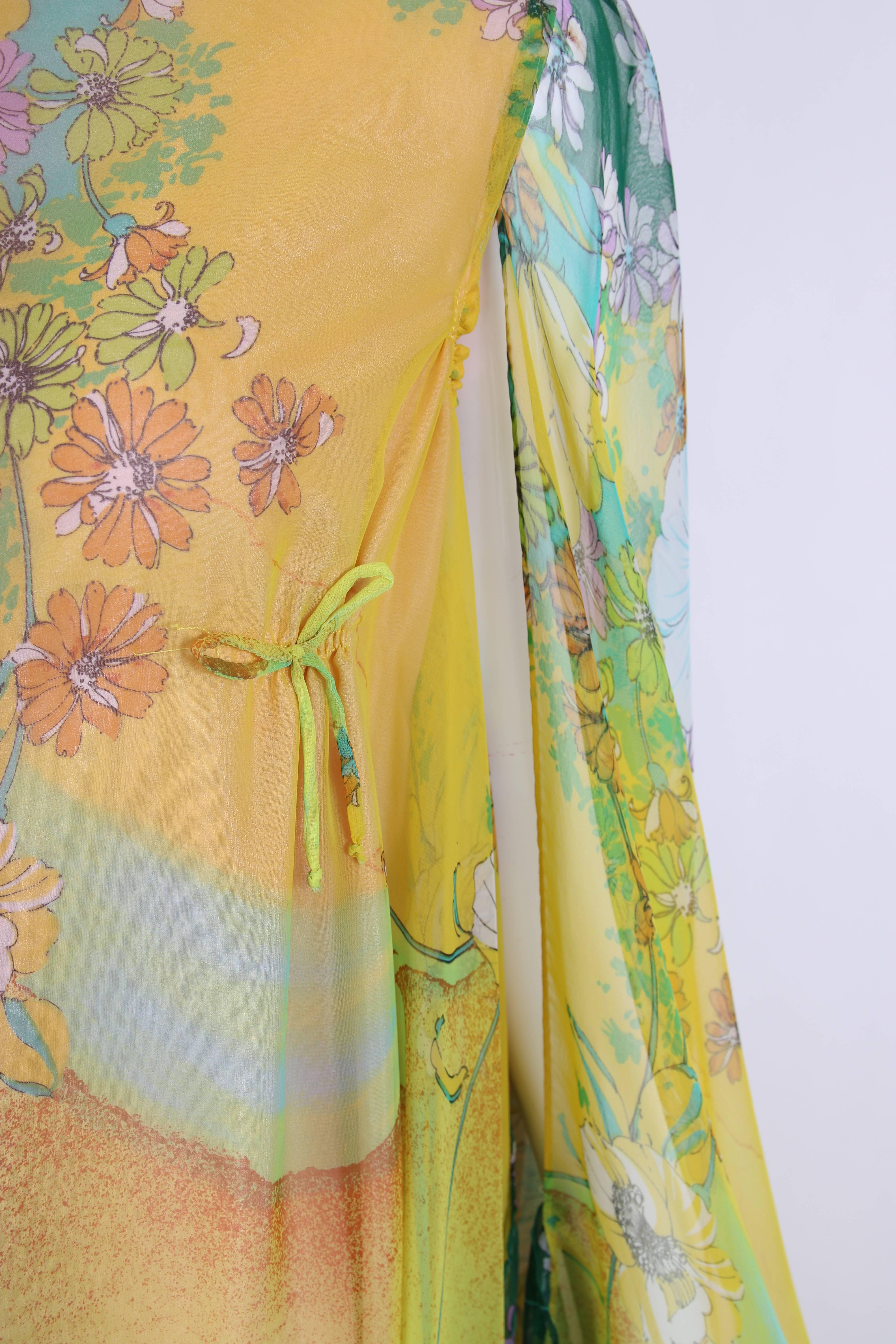 Vintage Mr. Blackwell Yellow & Blue Layered Printed Caftan W/Ties & Ruffle Hem 1