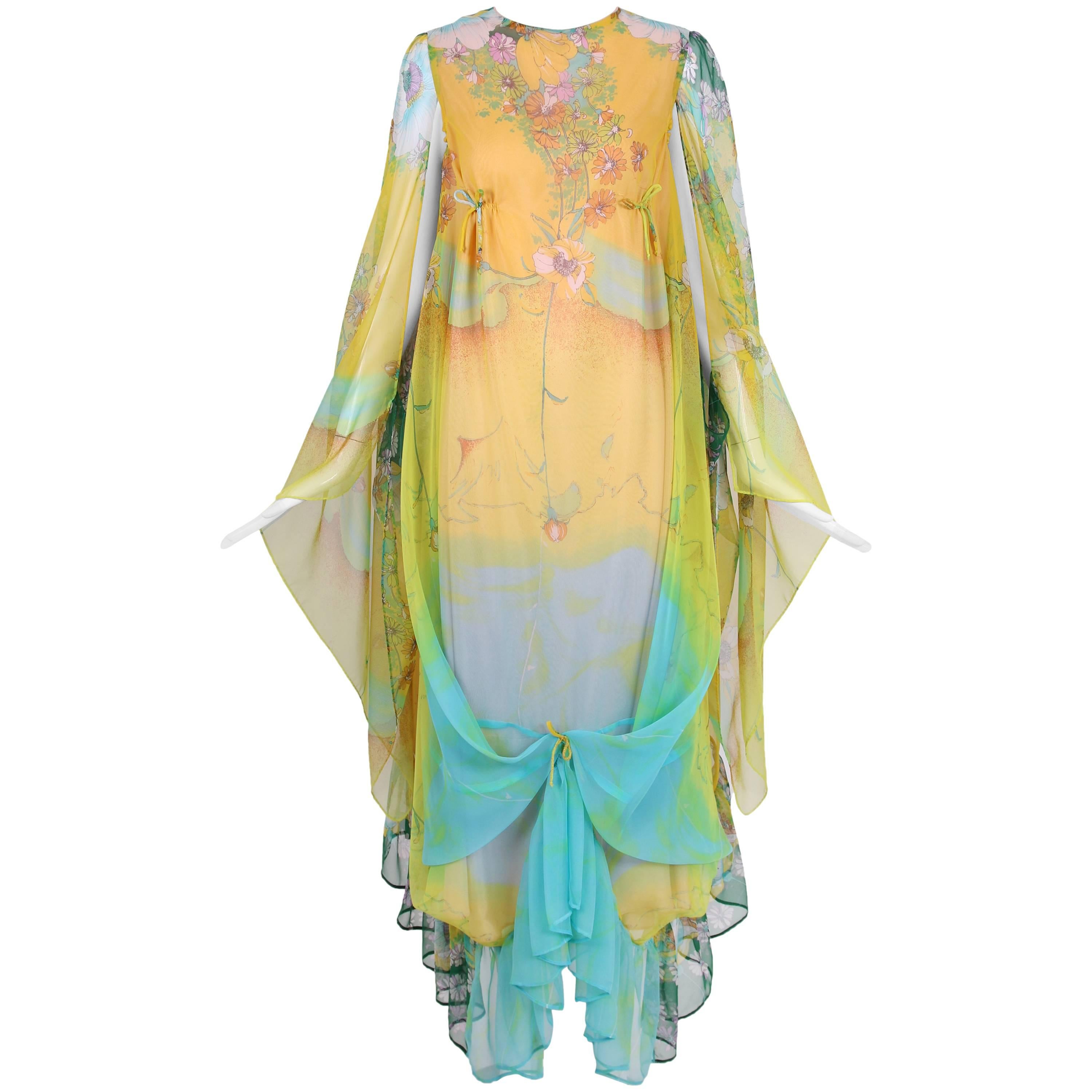 Vintage Mr. Blackwell Yellow & Blue Layered Printed Caftan W/Ties & Ruffle Hem