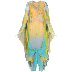 Vintage Mr. Blackwell Yellow & Blue Layered Printed Caftan W/Ties & Ruffle Hem