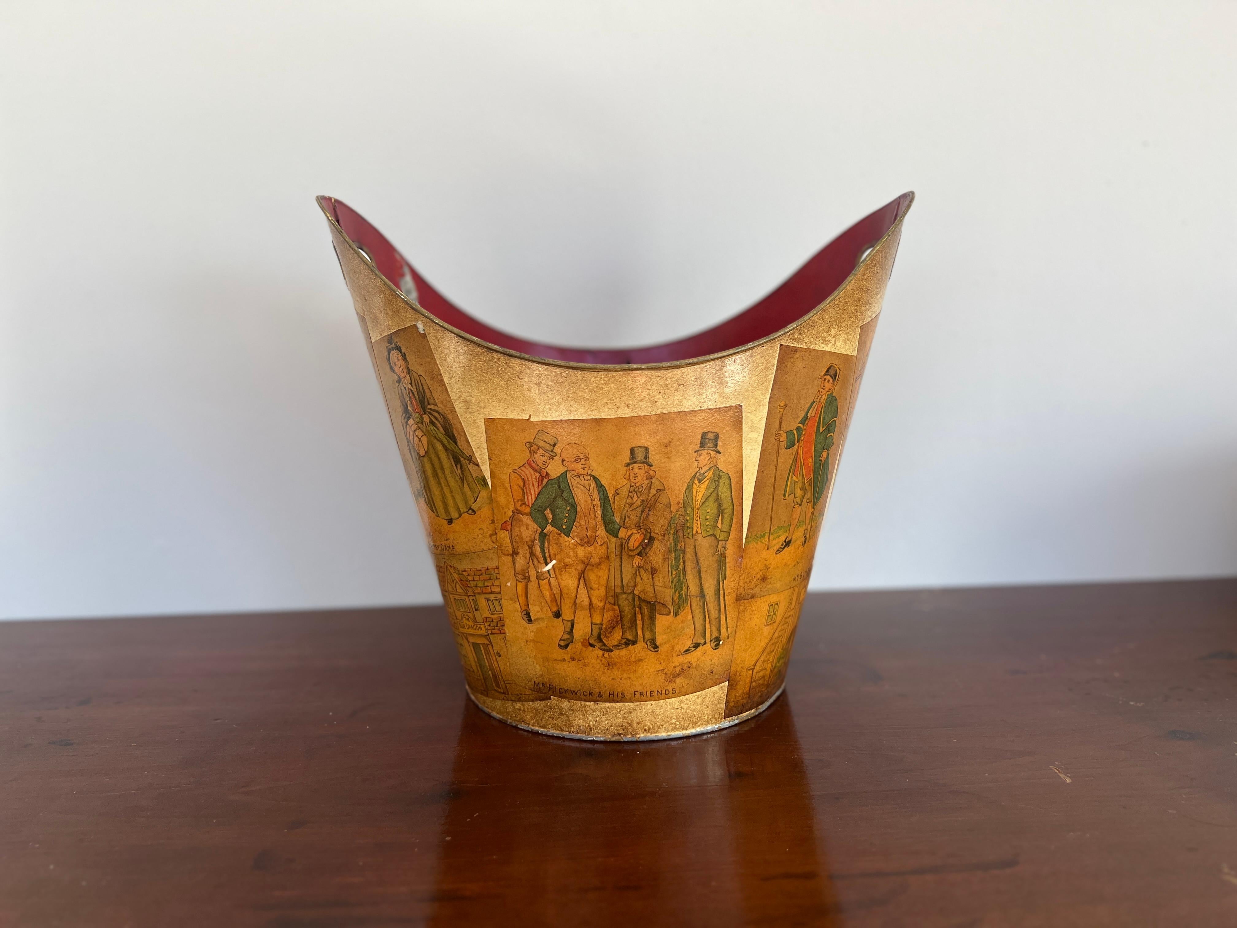 Vintage Mr Pickwick & His Friends Tole Bucket or Trash Can In Good Condition For Sale In Atlanta, GA