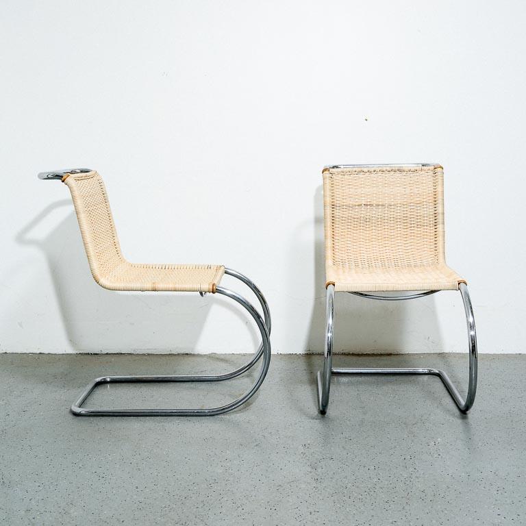 Vintage MR10 side chairs in rattan designed by Ludwig Mies van der Rohe for Stendig. These Bauhaus icons have been professionally recaned and refinished. 18