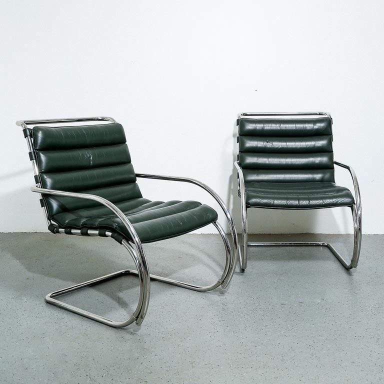 Vintage MR20 lounge chairs designed by Ludwig Mies van der Rohe for Knoll. Tubular chrome frames with dark green leather straps and cushions. 18
