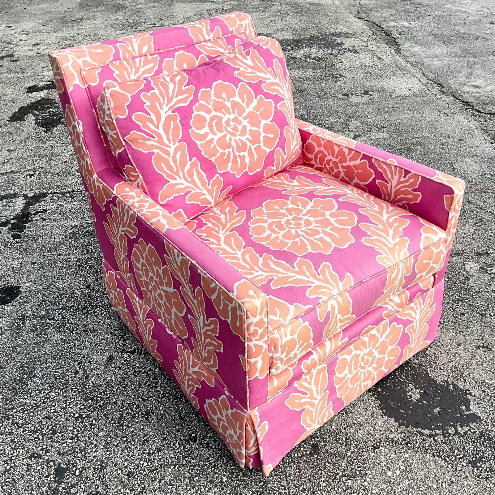 A fabulous vintage Boho Swivel chair. Custom built by the iconic MT Company. The style is Called Austin and it’s done in a beautiful floral print. Acquired from a Palm Beach estate.