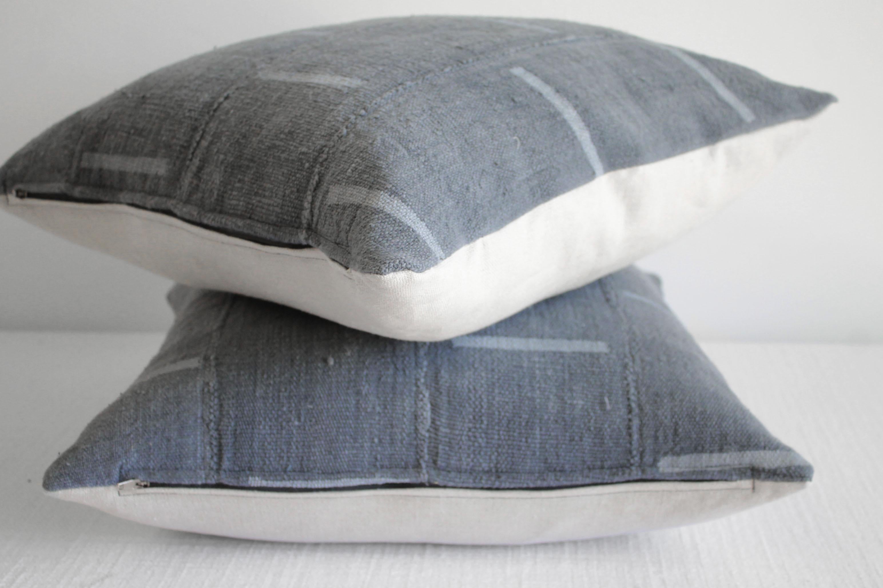 Vintage Mud Cloth Pillow in Gray Blue with Light Gray Stripes In Good Condition In Brea, CA