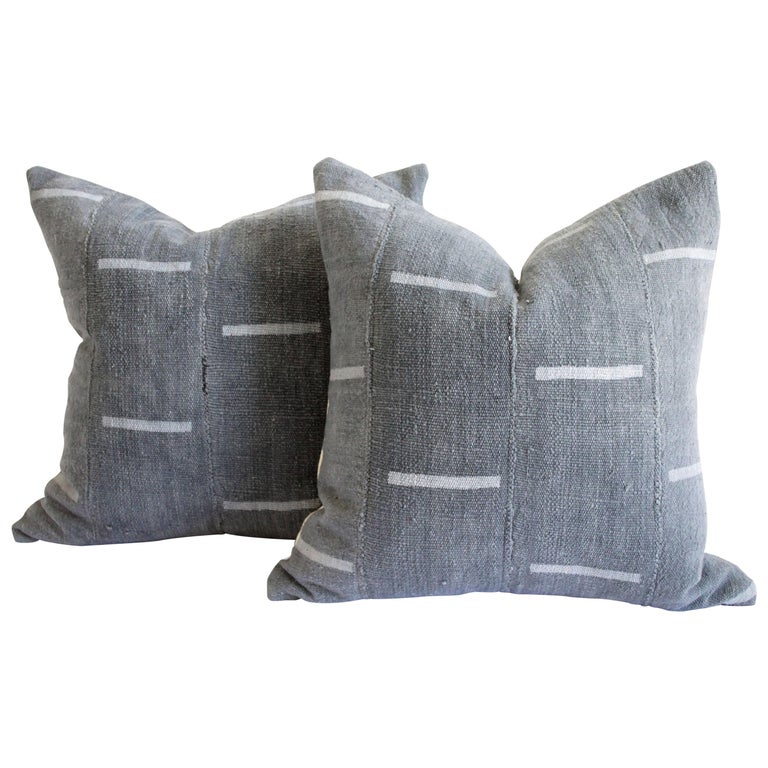 Vintage Mud Cloth Pillow In Gray Blue With Light Gray Stripes For