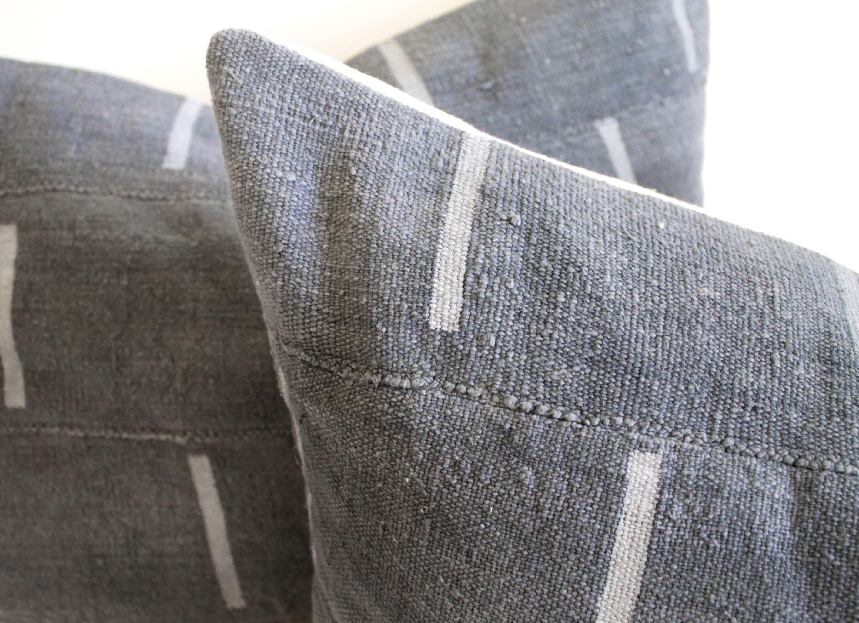 Vintage Mud Cloth Standard Sham Pillows in Gray Blue In New Condition In Brea, CA