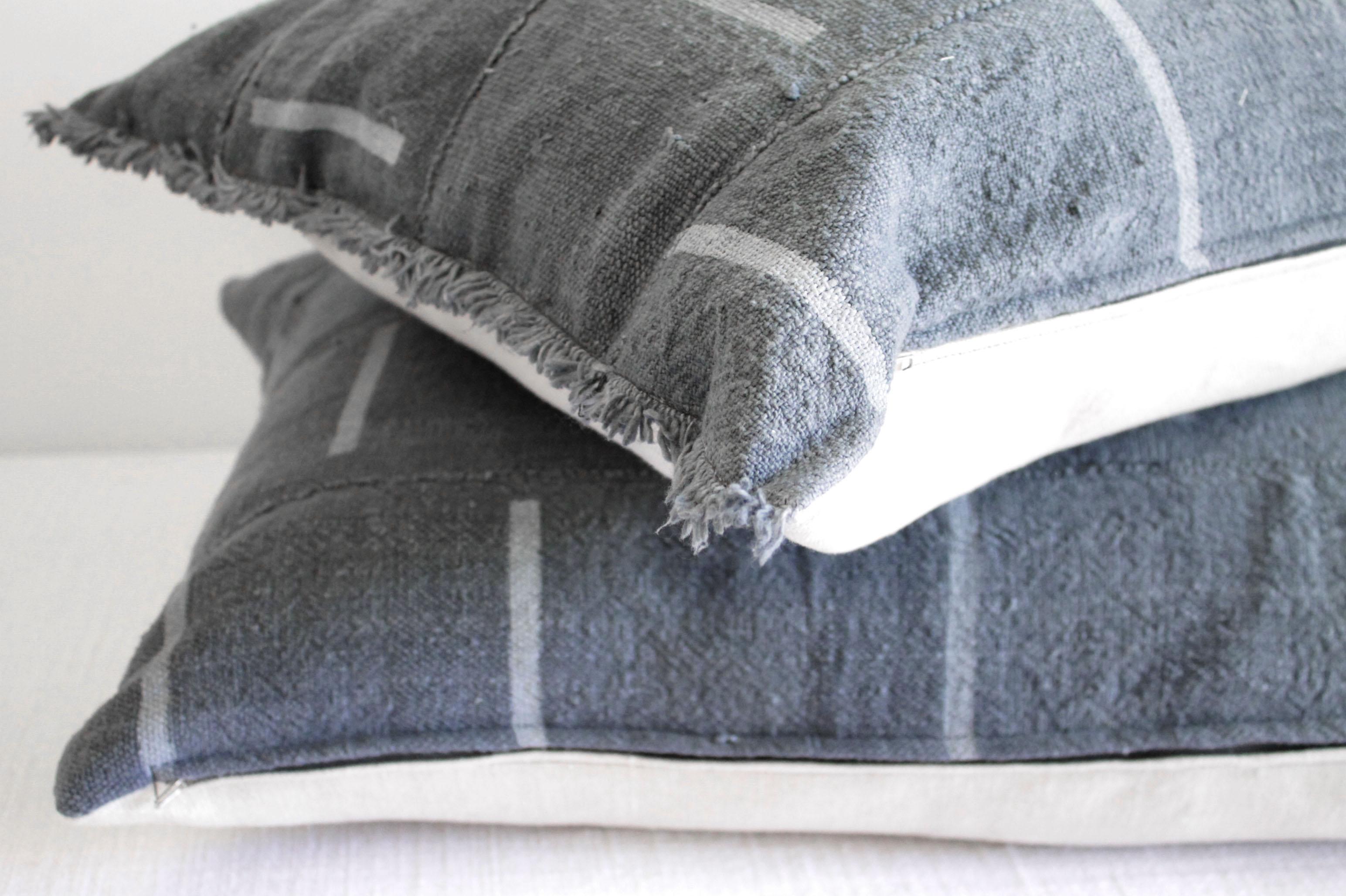 Linen Vintage Mud Cloth Standard Sham Pillows in Gray Blue
