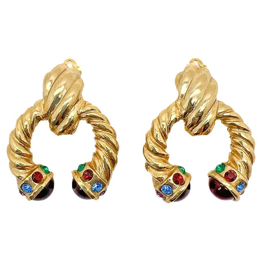 Vintage Mughal Cabochon Door Knocker Earrings 1980s For Sale