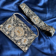 Vintage Mughal Hand embroidered Crafted Clutch Purse Evening Bag And Belt