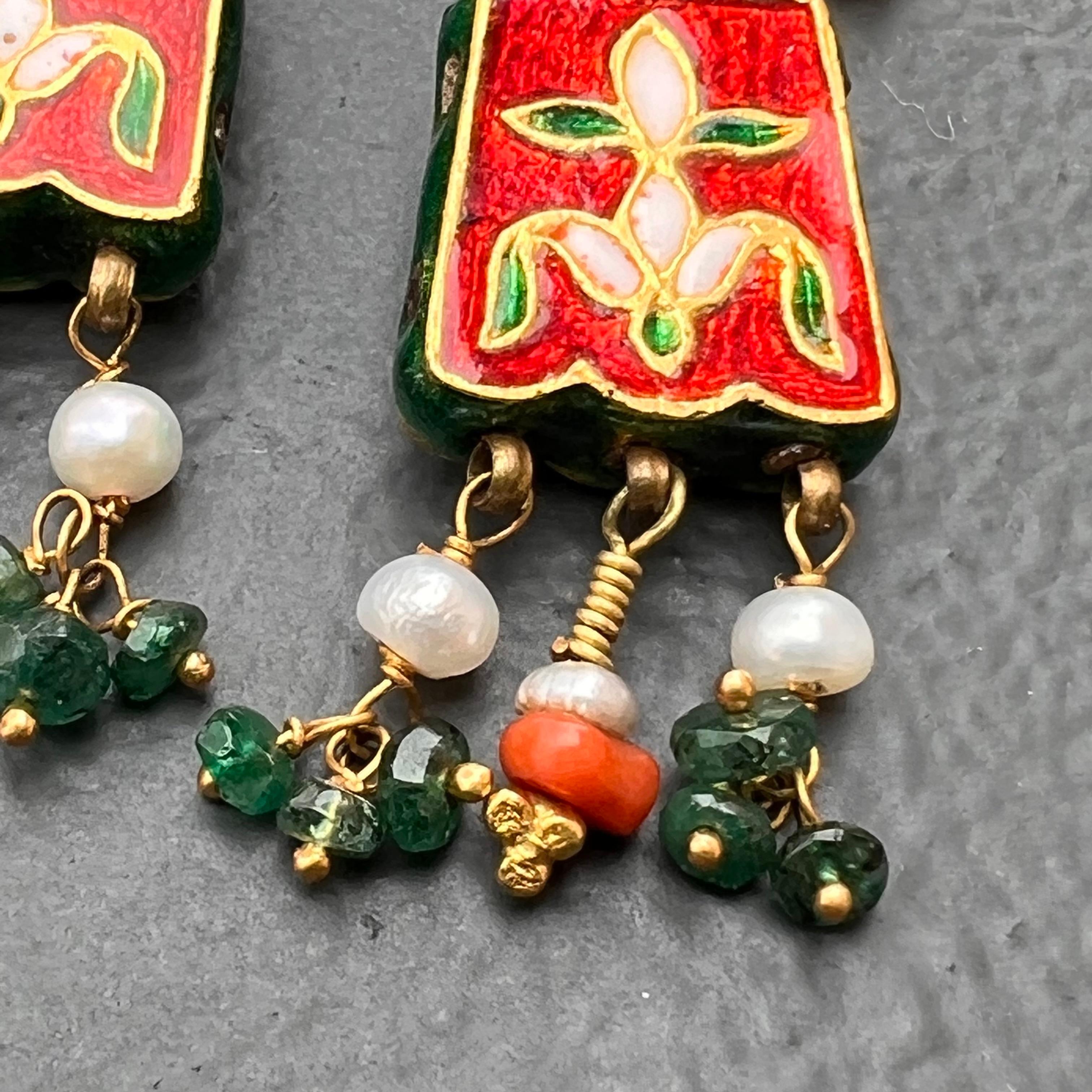 Revival Vintage Mughal Indian Enamel Gemstones Earrings For Sale