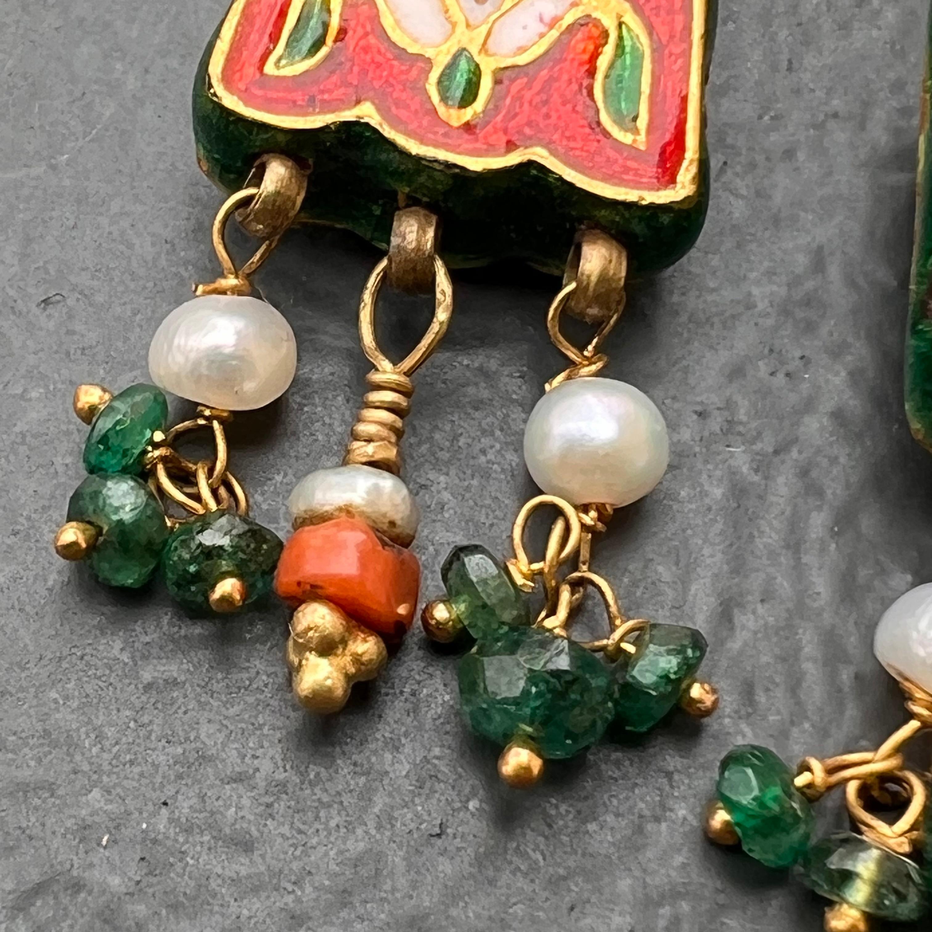 Bead Vintage Mughal Indian Enamel Gemstones Earrings For Sale