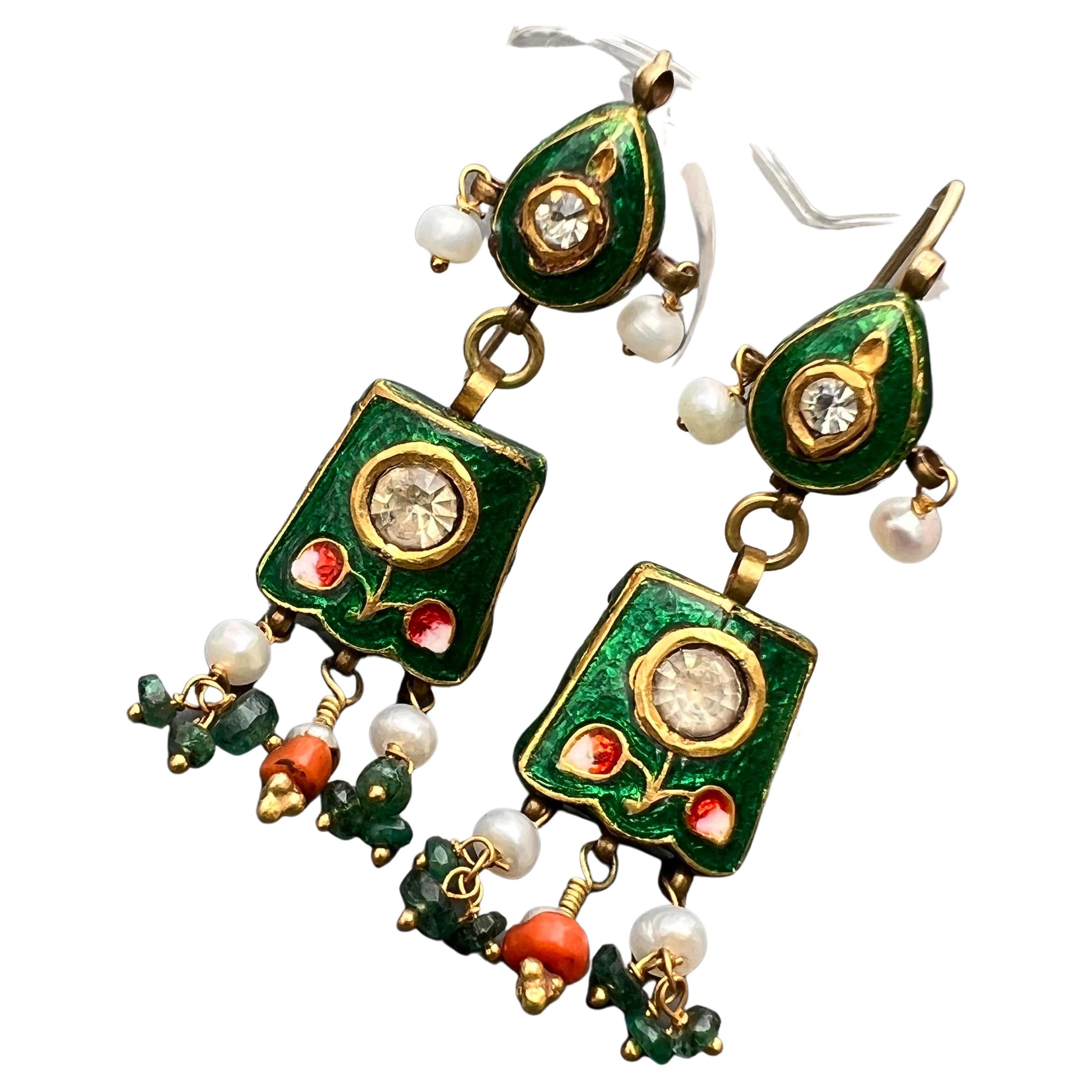Vintage Mughal Indian Enamel Gemstones Earrings For Sale