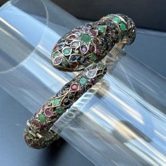 Vintage Mughal Silver Hinged Snake Bracelet Bangle Gemstones Studded