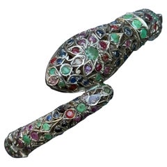 Vintage Mughal Silver Hinged Snake Bracelet Bangle Gemstones Studded
