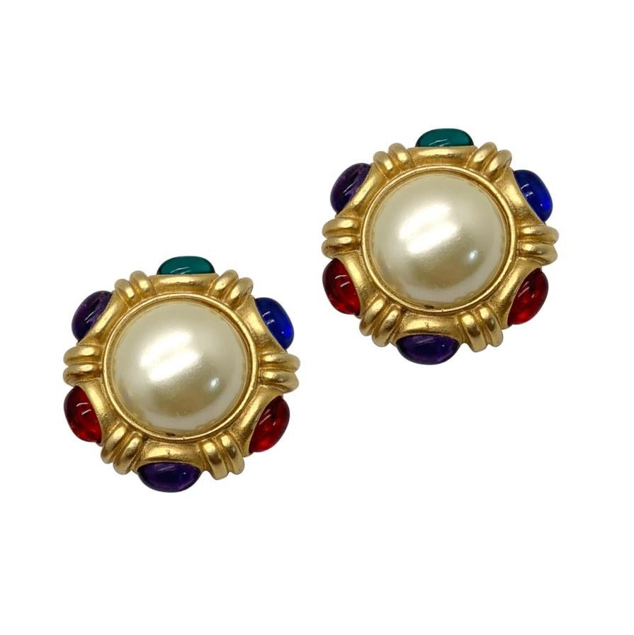 Fabulous Vintage Cabochon Jewelled Earrings. Featuring lustrous brushed gold set with a large half faux pearl and cabochons in jewel colours. 
Vintage Condition: Very good without damage or noteworthy wear. 
Materials: Gold plated metal, glass faux