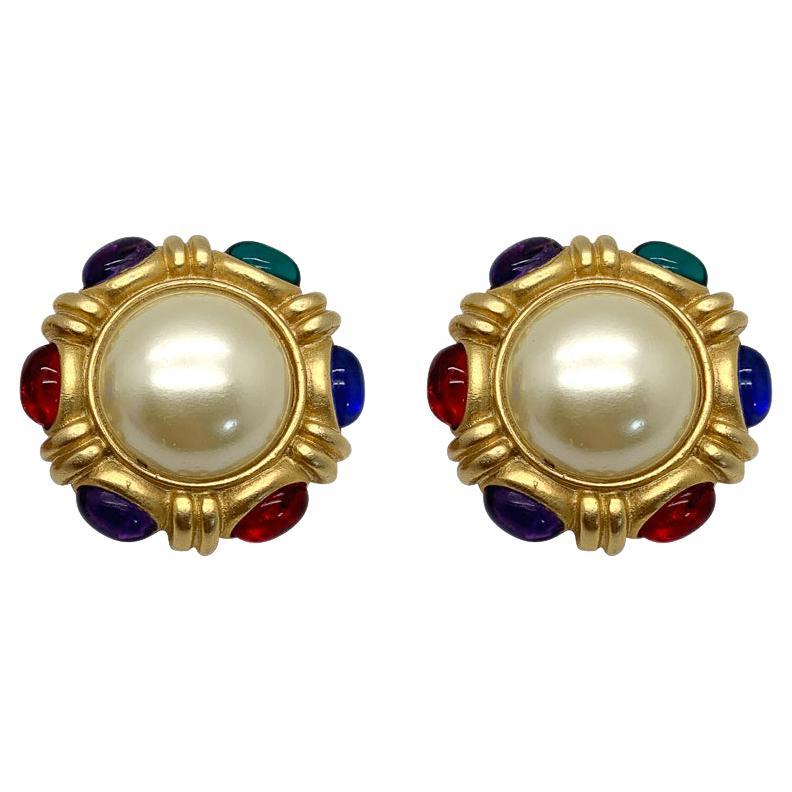 Vintage Mughal Style Cabochon Jewelled Earrings 1980s For Sale