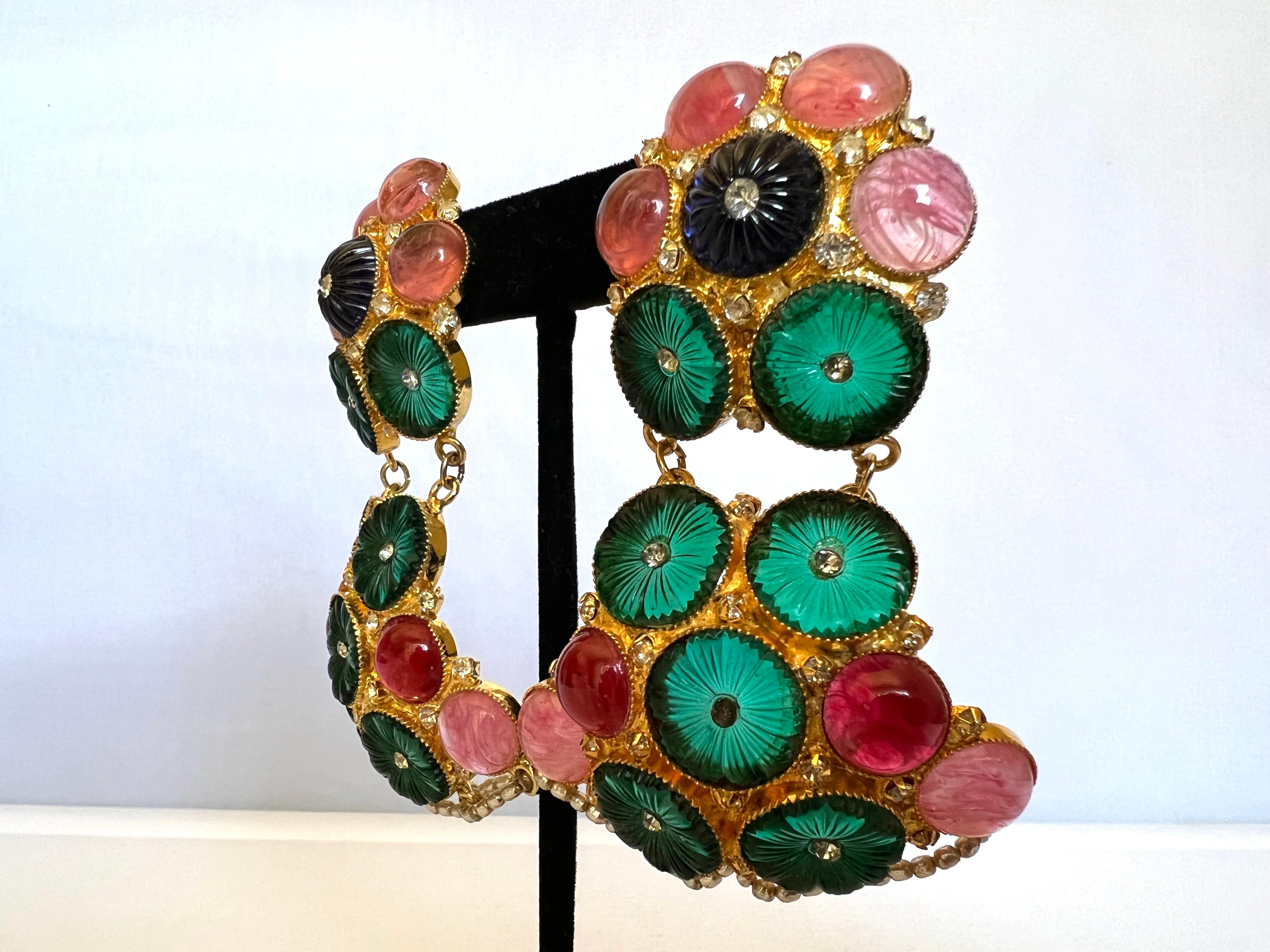 Very rare vintage Robert F. Clark for William de Lillo gold-tone (one of a kind) fruit-salad statement clip-on earrings - adorned by large faux diamante, emerald, sapphire, ruby glass cabochons, and faux nikki pearls. Circa 1975, the earrings have