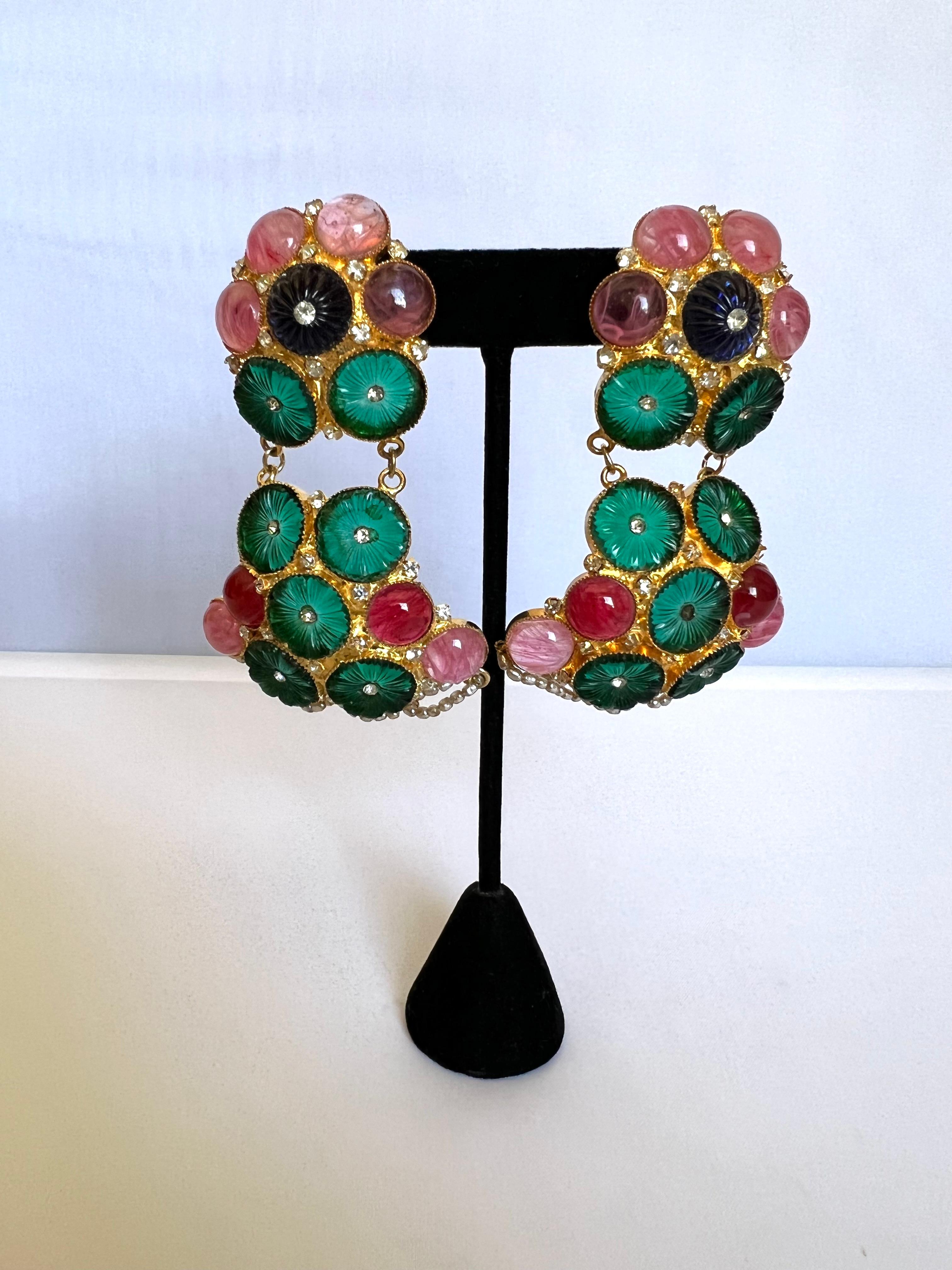 Vintage Mughal Style Fruit Salad Jeweled Earrings  In Excellent Condition In Palm Springs, CA