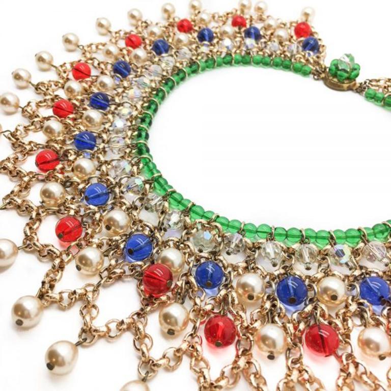 Vintage Mughal Style Jewelled Glass & Gold Chain Collar 1950S In Excellent Condition In Wilmslow, GB
