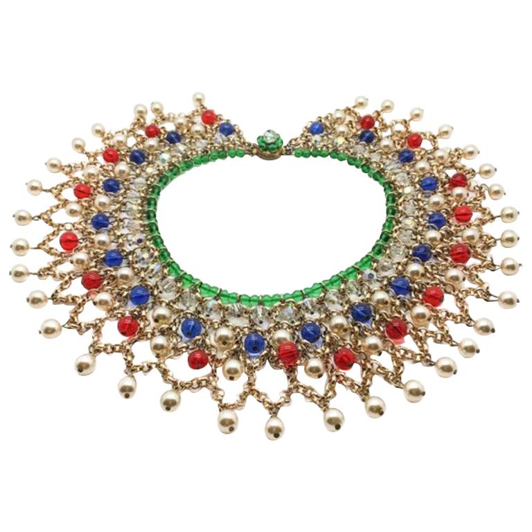 Vintage Mughal Style Jewelled Glass & Gold Chain Collar 1950S
