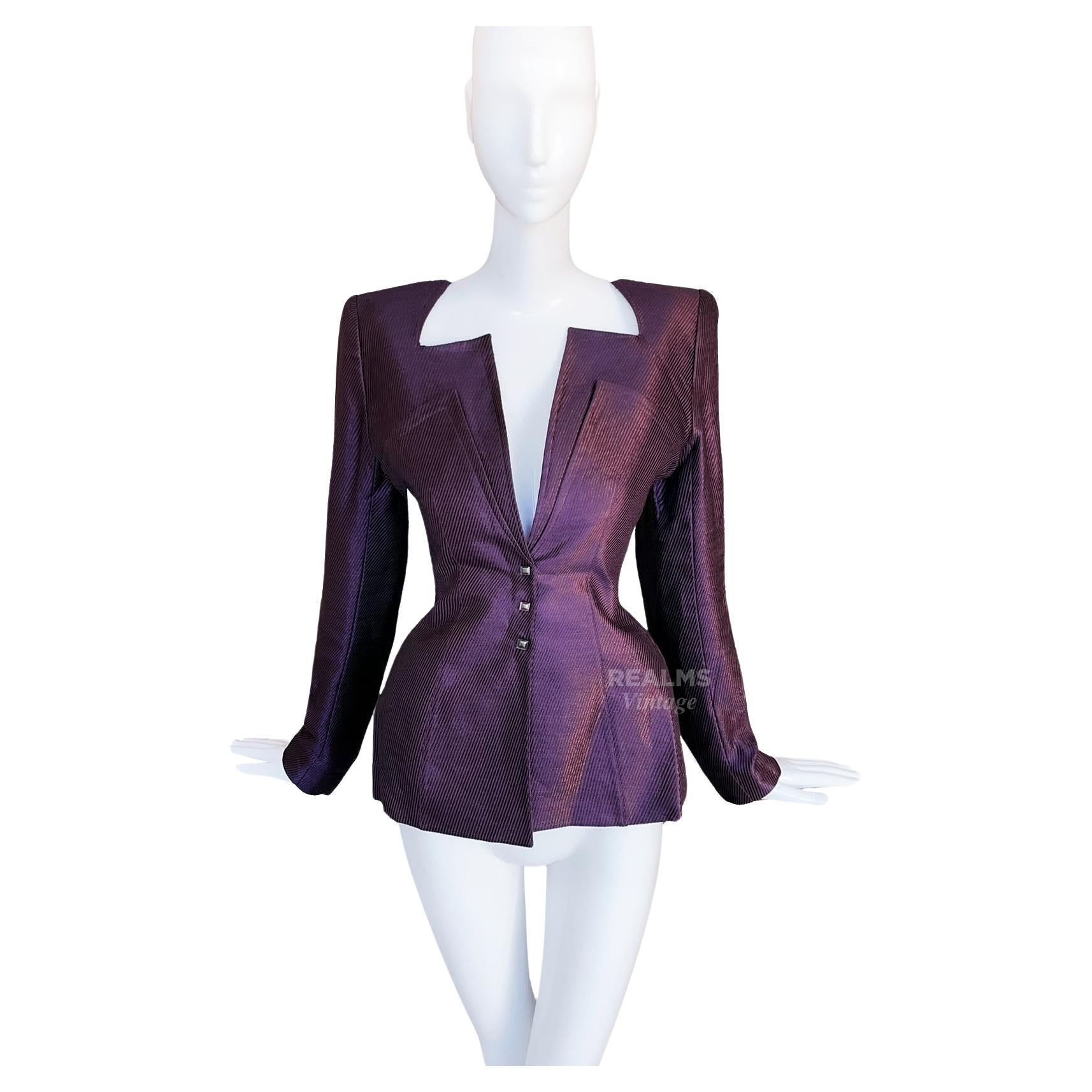 Mugler Blazer Jacket Dramatic Cutout Purple Lilac ZigZag V-Neck  For Sale