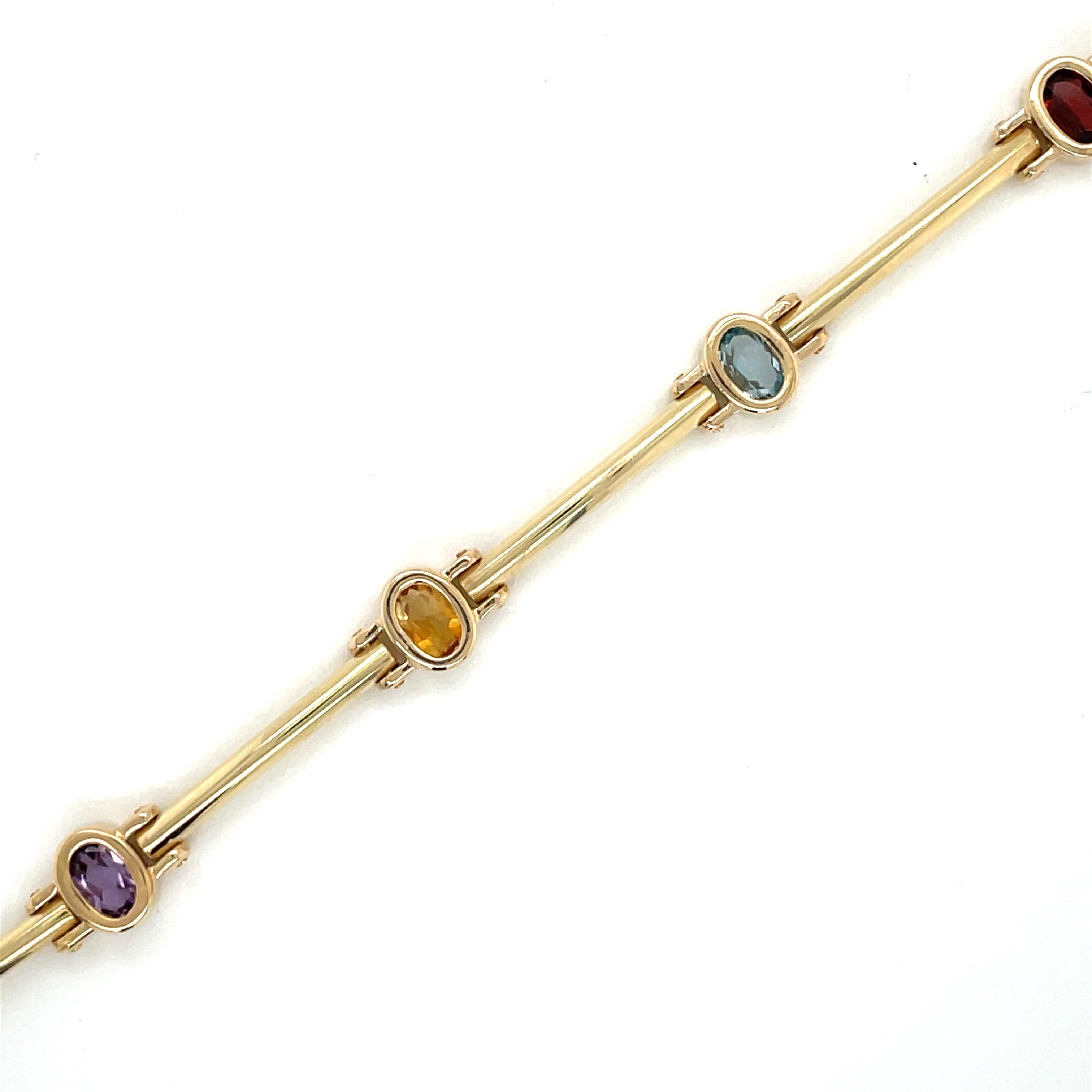 Women's Vintage Mulit Color Semi Precious Gemstone Bezel and Bar Link Bracelet For Sale