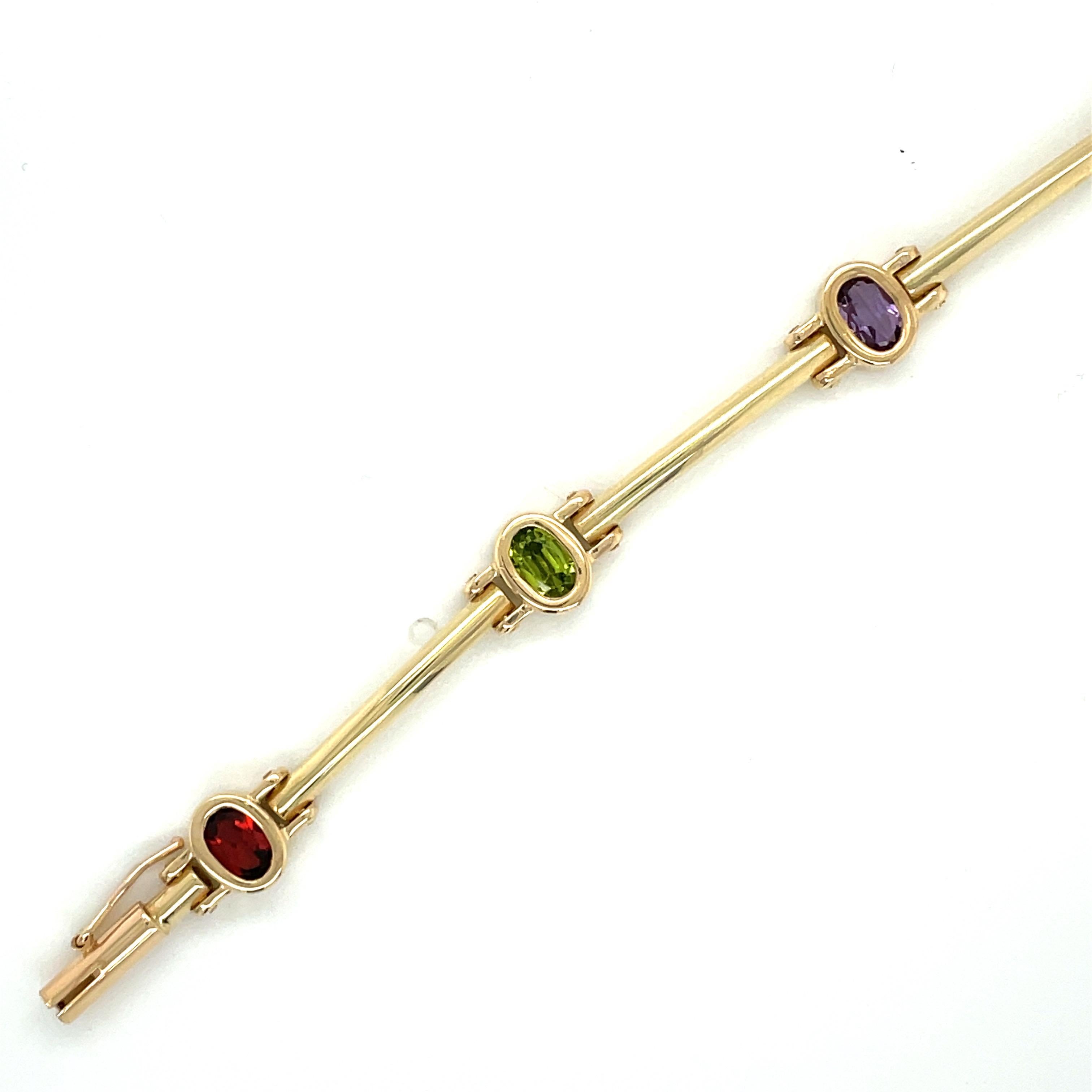 Vintage Mulit Color Semi Precious Gemstone Bezel and Bar Link Bracelet For Sale 1