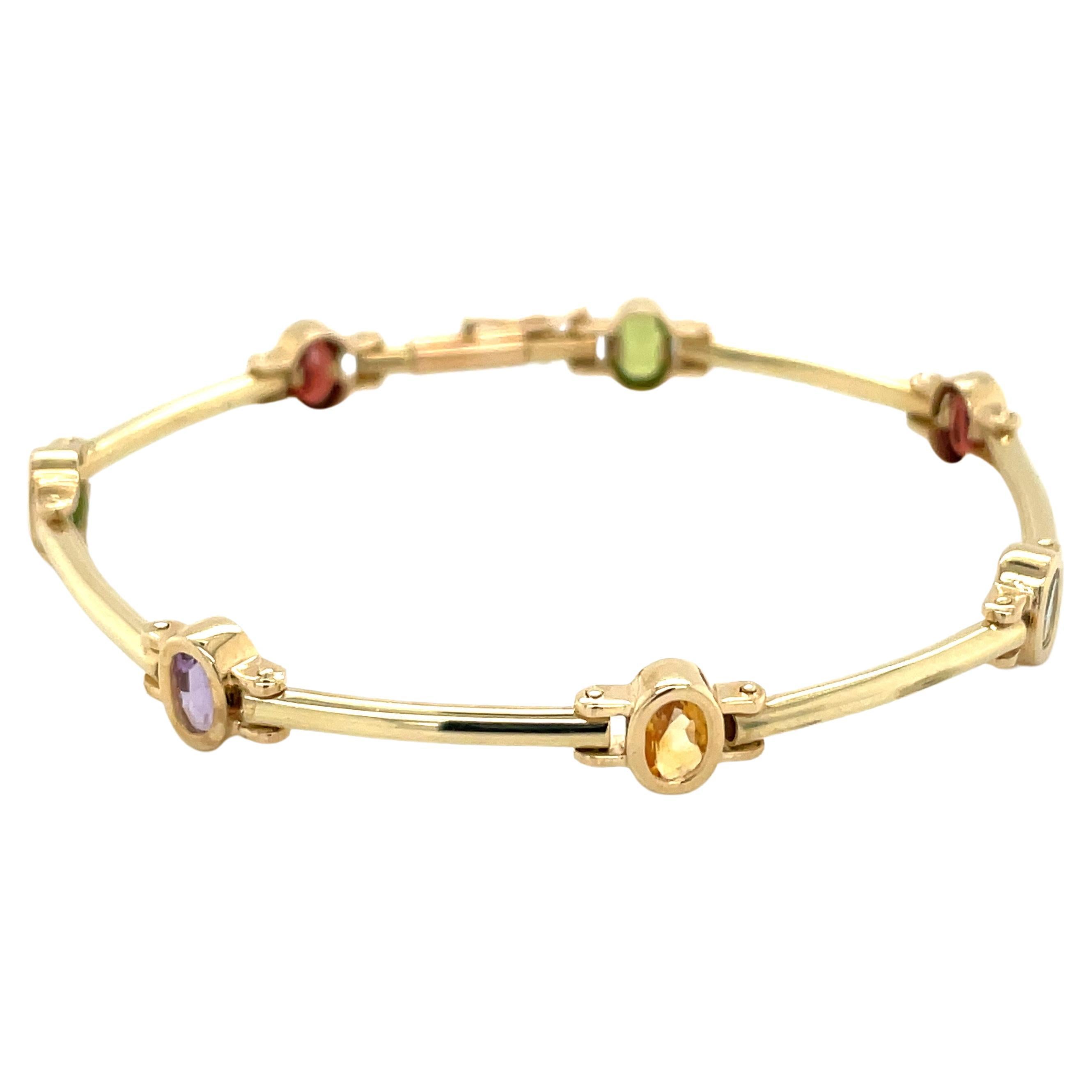 Vintage Mulit Color Semi Precious Gemstone Bezel and Bar Link Bracelet For Sale