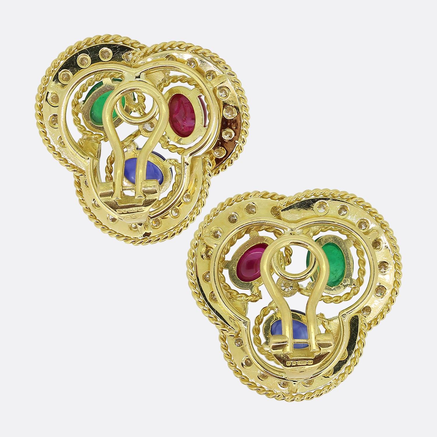 Vintage Multi Cabochon Gemstone and Diamond Earrings In Good Condition For Sale In London, GB