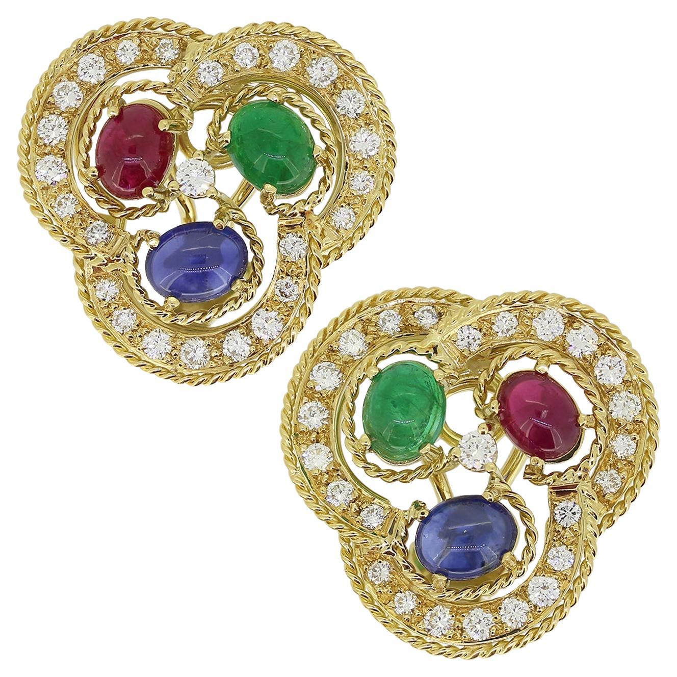 Vintage Multi Cabochon Gemstone and Diamond Earrings