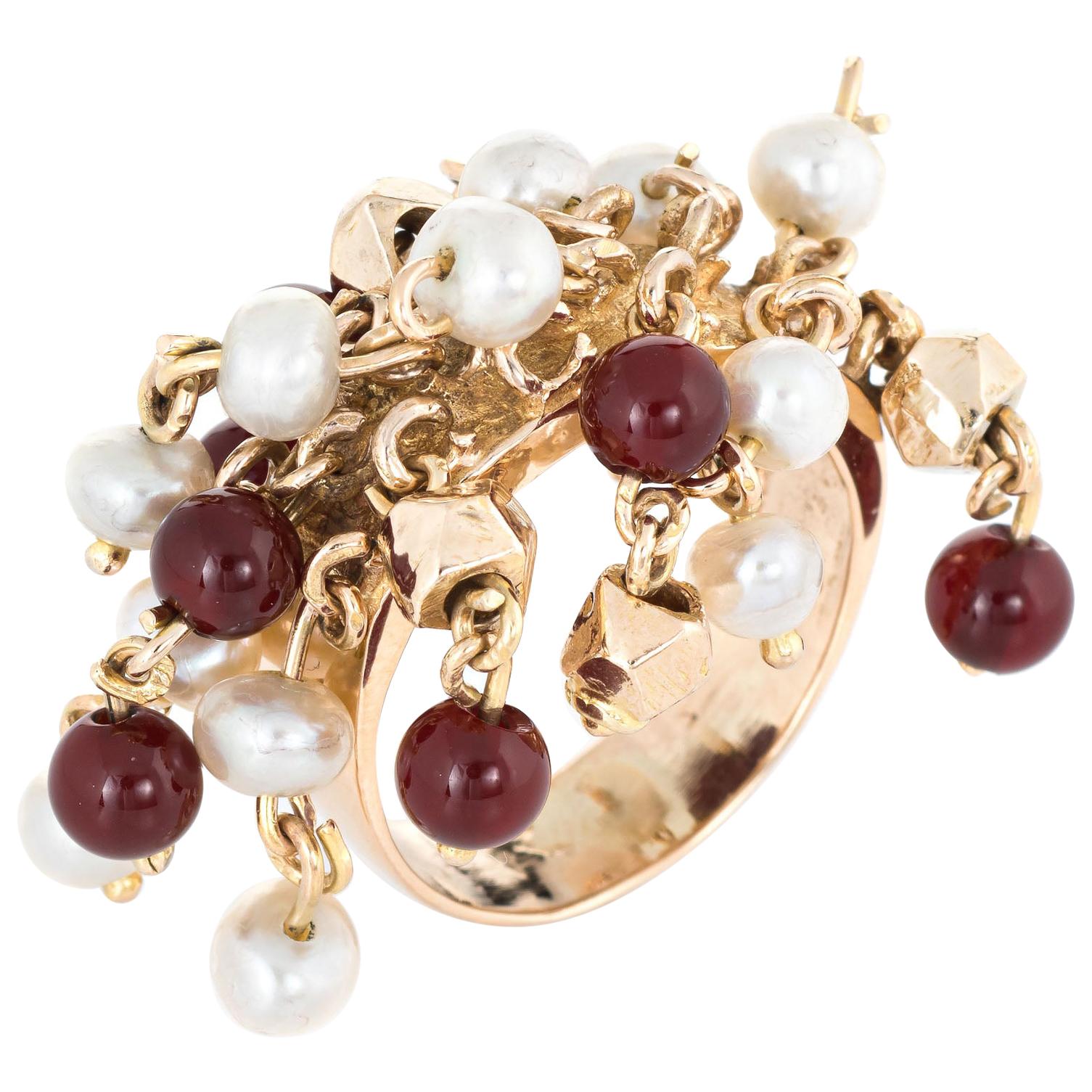 Vintage Multi Charm Ring Pearl Carnelian 14 Karat Gold Estate Fine Jewelry