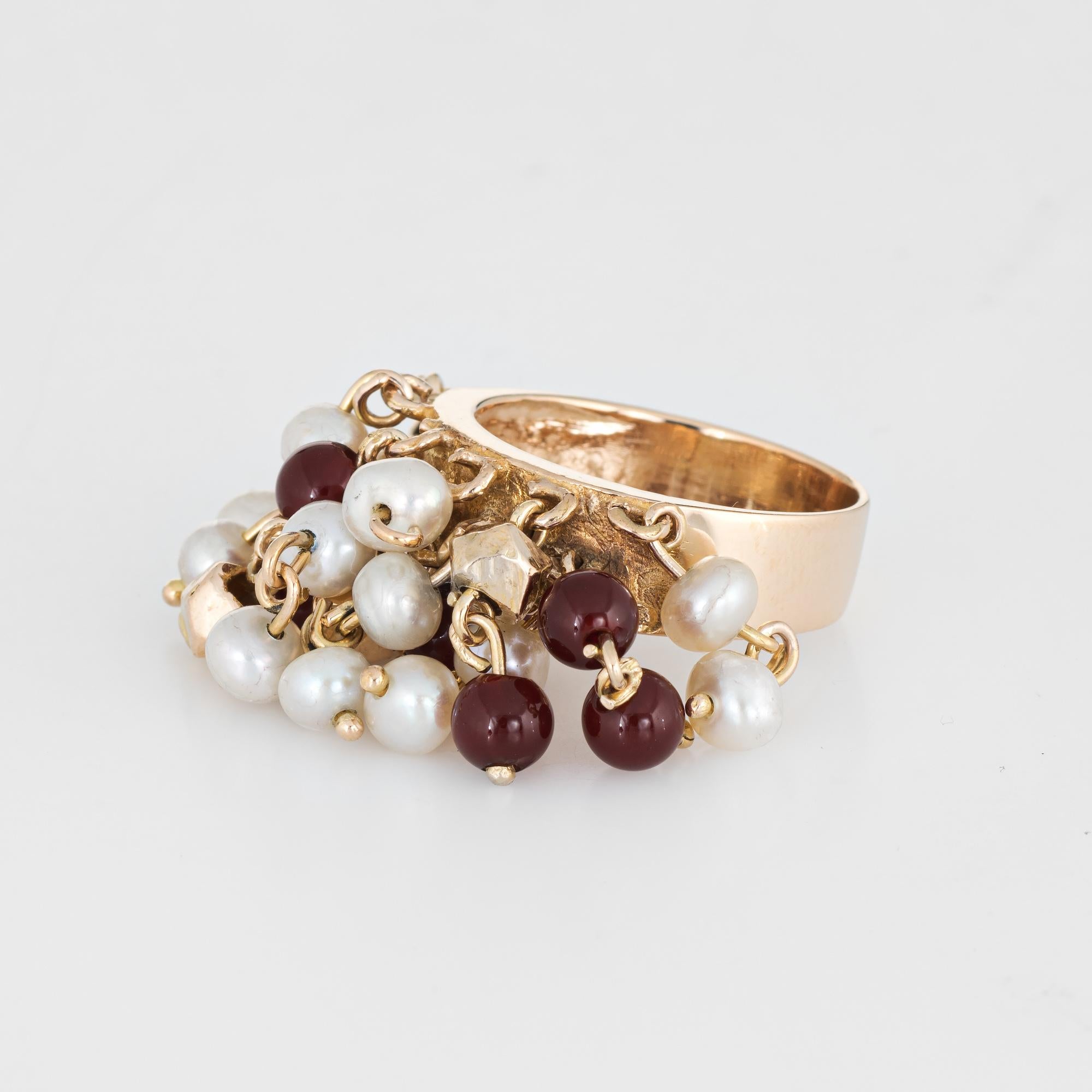 Round Cut Vintage Multi Charm Ring Pearl Carnelian 14 Karat Gold Estate Fine Jewelry