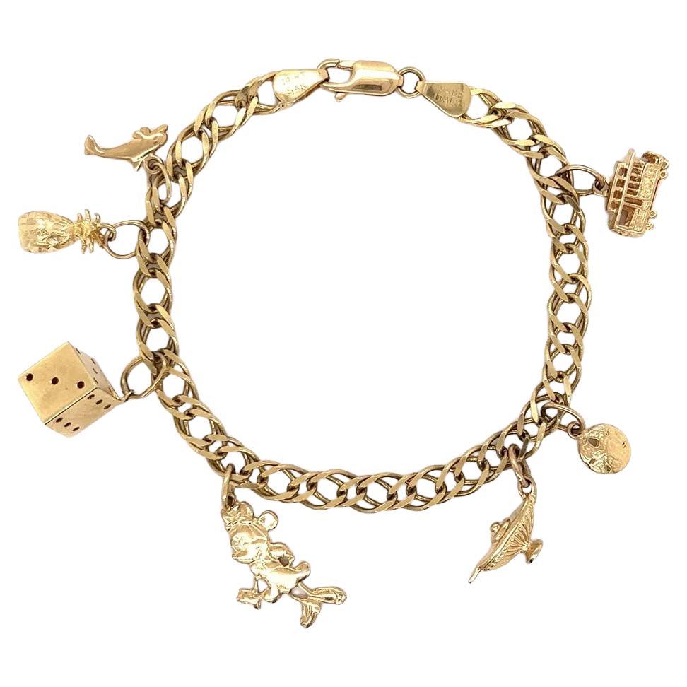 Vintage Multi Charm with Minnie Mouse Gold Link Bracelet For Sale