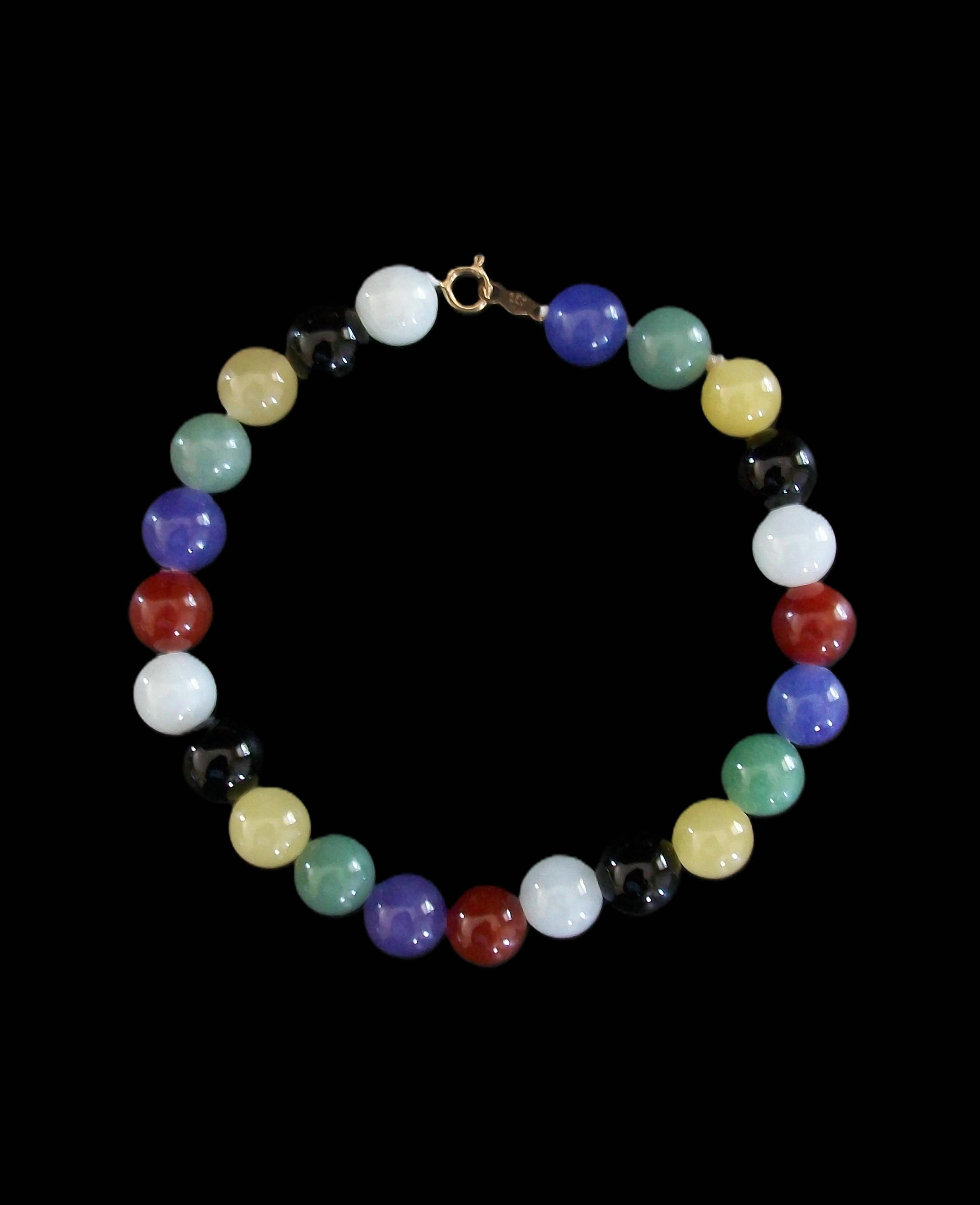 Bracciale vintage con perline di quarzo multicolore rotondo da 8,0 mm - caratterizzato da un unico filo continuo di 23 gemme semipreziose (quarzo verde, viola, rosso, bianco, nero e giallo) - lunghezza 7,5 pollici - chiusura con anello a molla e