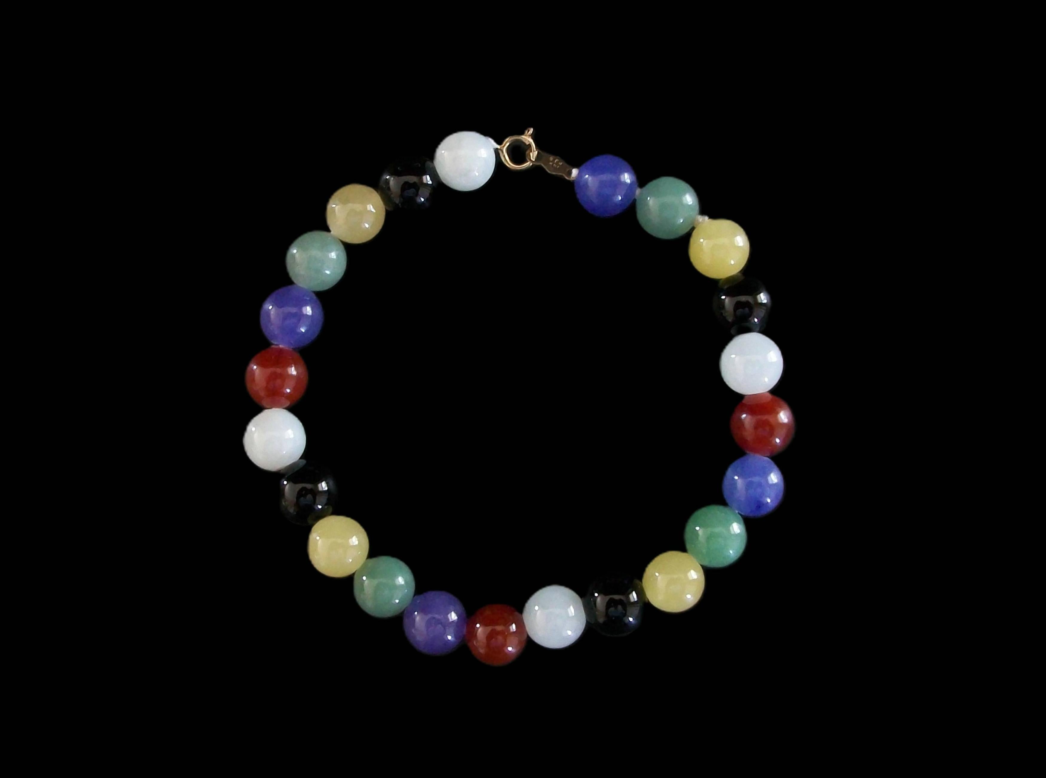Moderno Bracciale di quarzo con perline multicolore d'epoca - Chiusura a 14 carati - Lunghezza 7,5