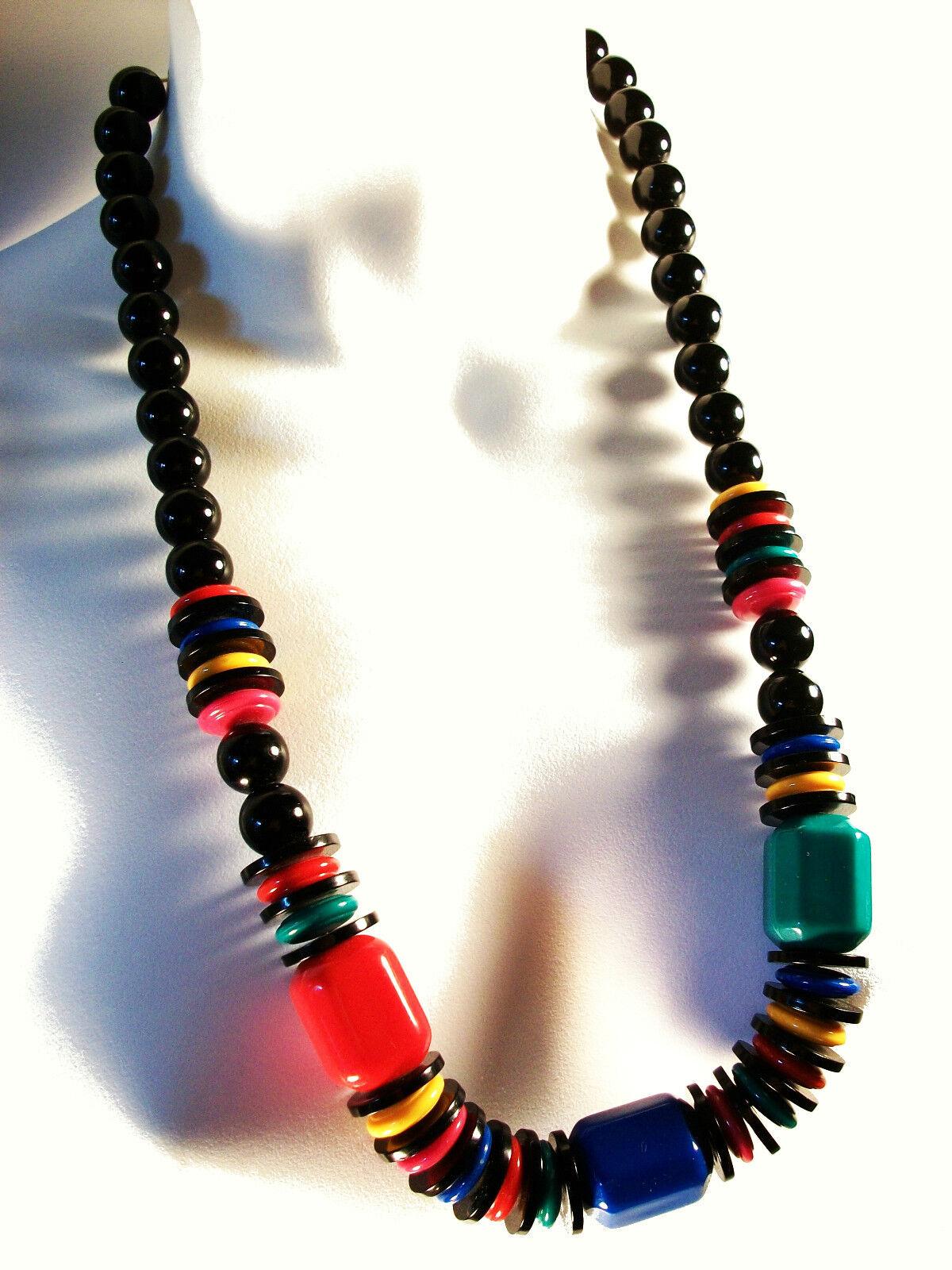 Modern Vintage Multi-color & Black Acrylic Bead Necklace - Unsigned - Circa 1980's For Sale