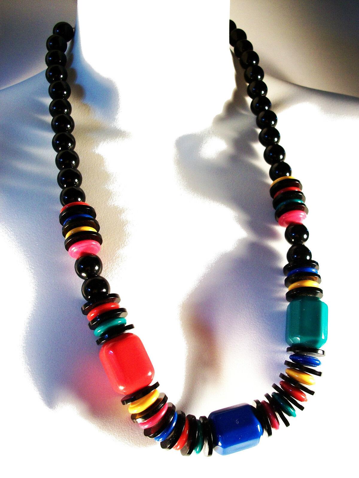 Vintage Multi-color & Black Acrylic Bead Necklace - Unsigned - Circa 1980's In Good Condition For Sale In Chatham, CA