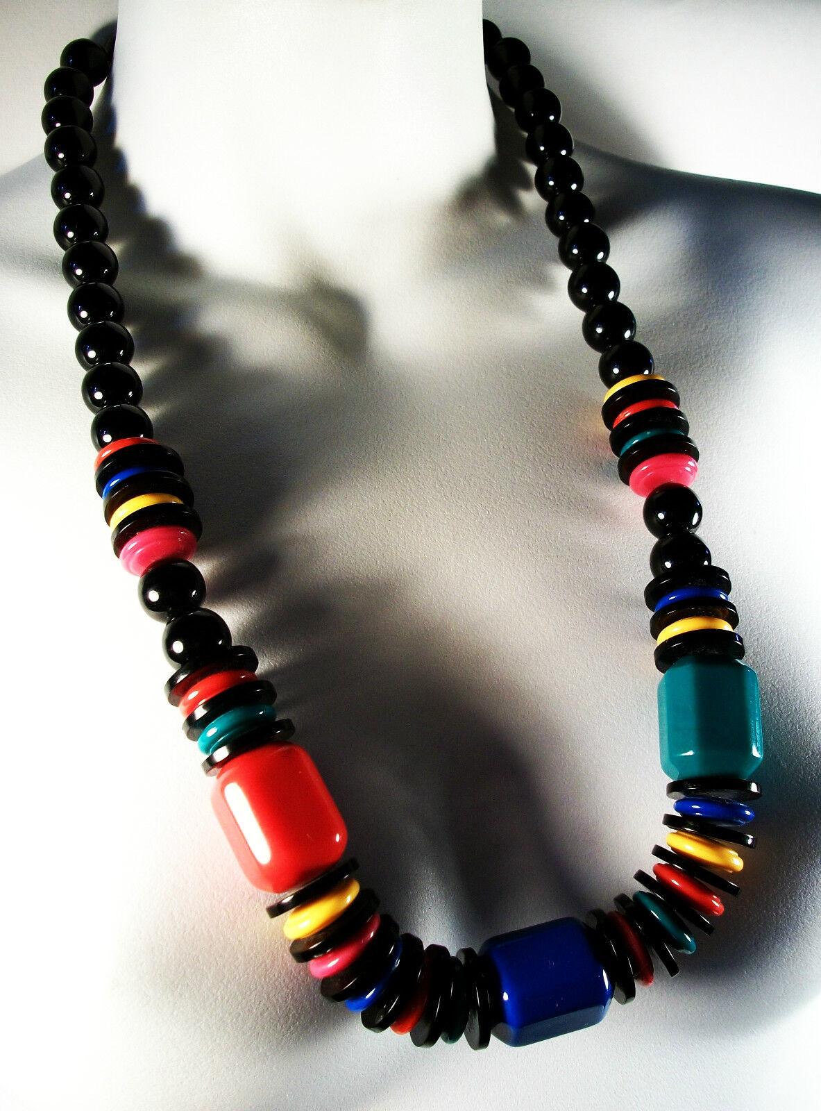 Women's Vintage Multi-color & Black Acrylic Bead Necklace - Unsigned - Circa 1980's For Sale