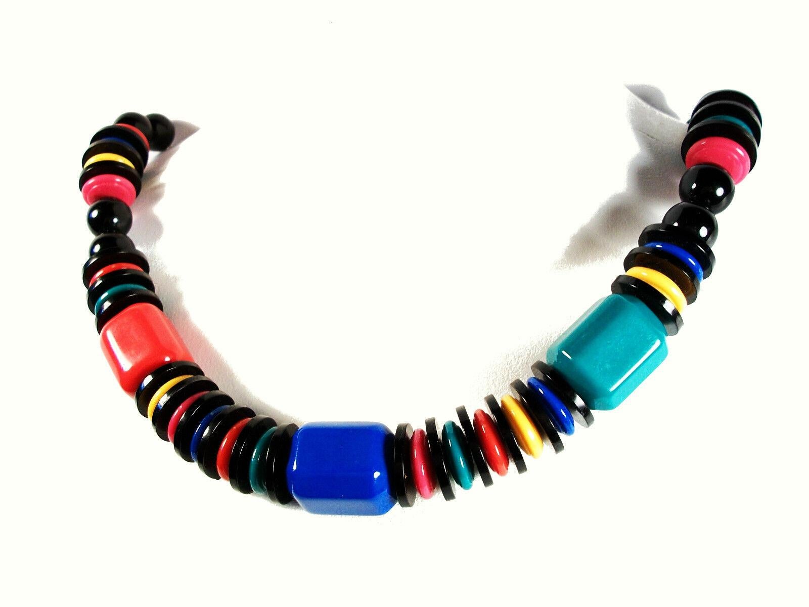 Vintage Multi-color & Black Acrylic Bead Necklace - Unsigned - Circa 1980's For Sale 1